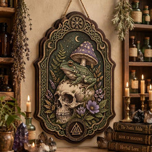 Frog Skull Wooden Sign - Gothic Witchy Wall Decor with Purple Mushroom, Wildflowers & Norse Symbols