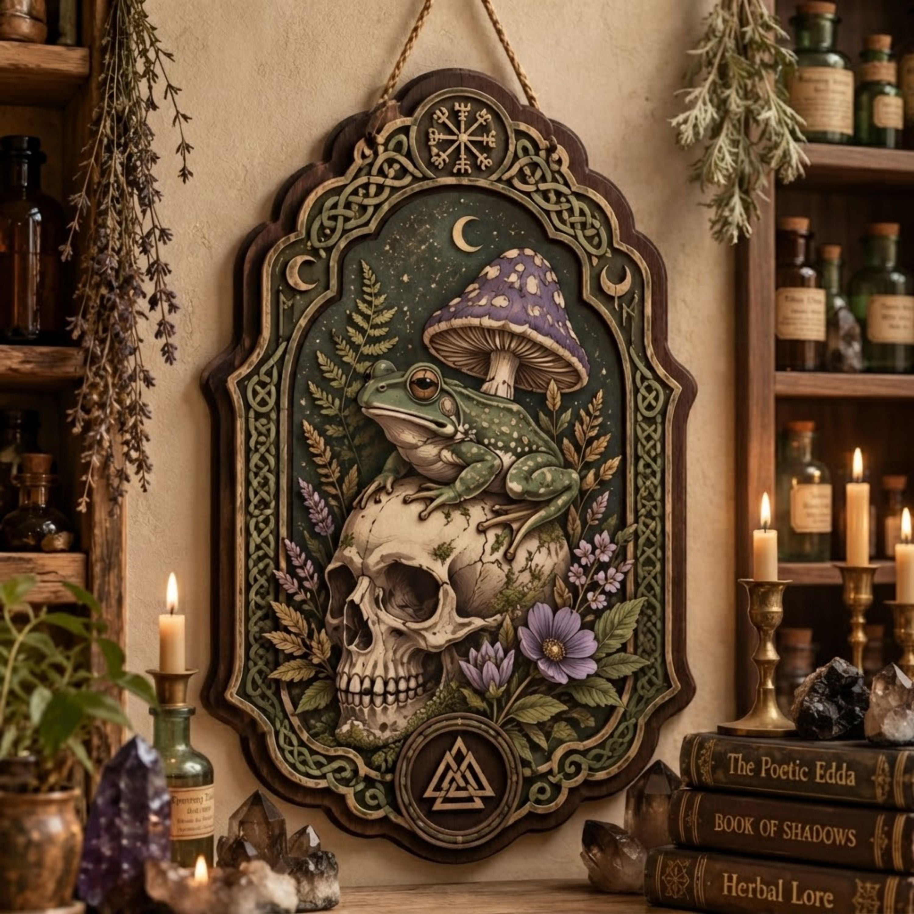 Frog Skull Wooden Sign - Gothic Witchy Wall Decor with Purple Mushroom, Wildflowers & Norse Symbols