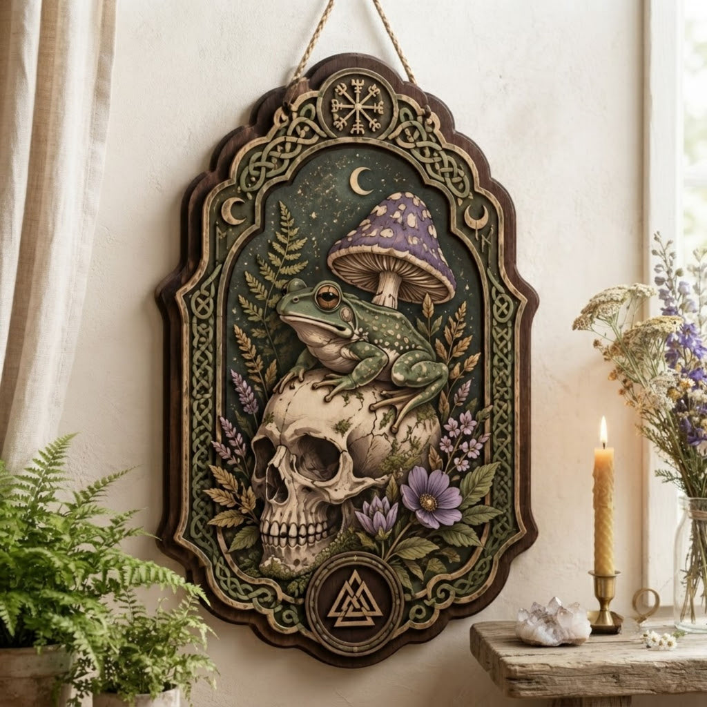 Frog Skull Wooden Sign - Gothic Witchy Wall Decor with Purple Mushroom, Wildflowers & Norse Symbols