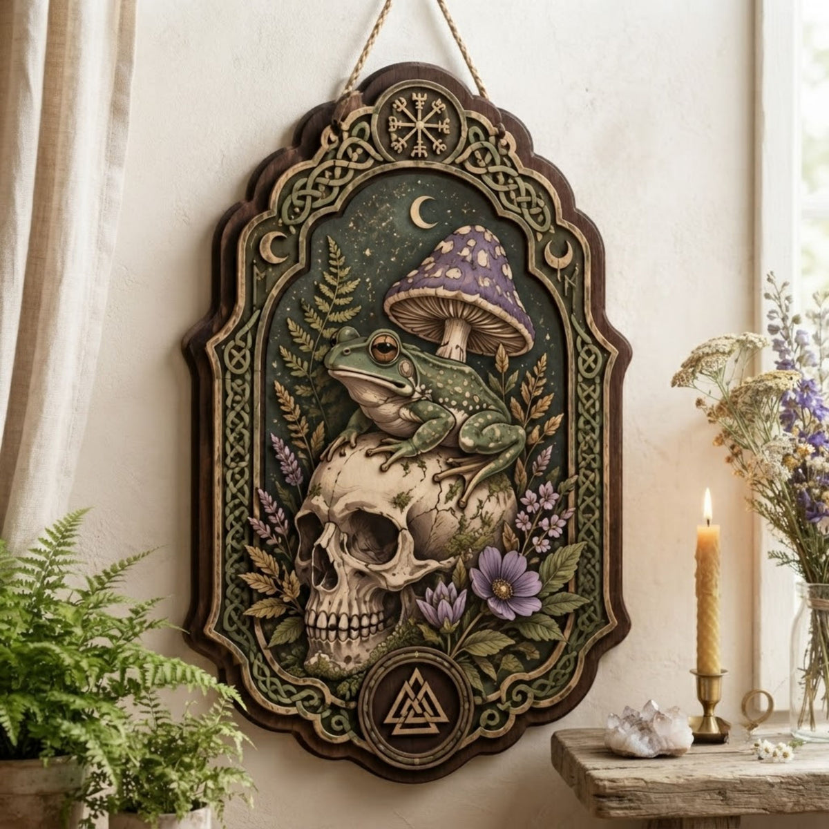 Frog Skull Wooden Sign - Gothic Witchy Wall Decor with Purple Mushroom, Wildflowers & Norse Symbols