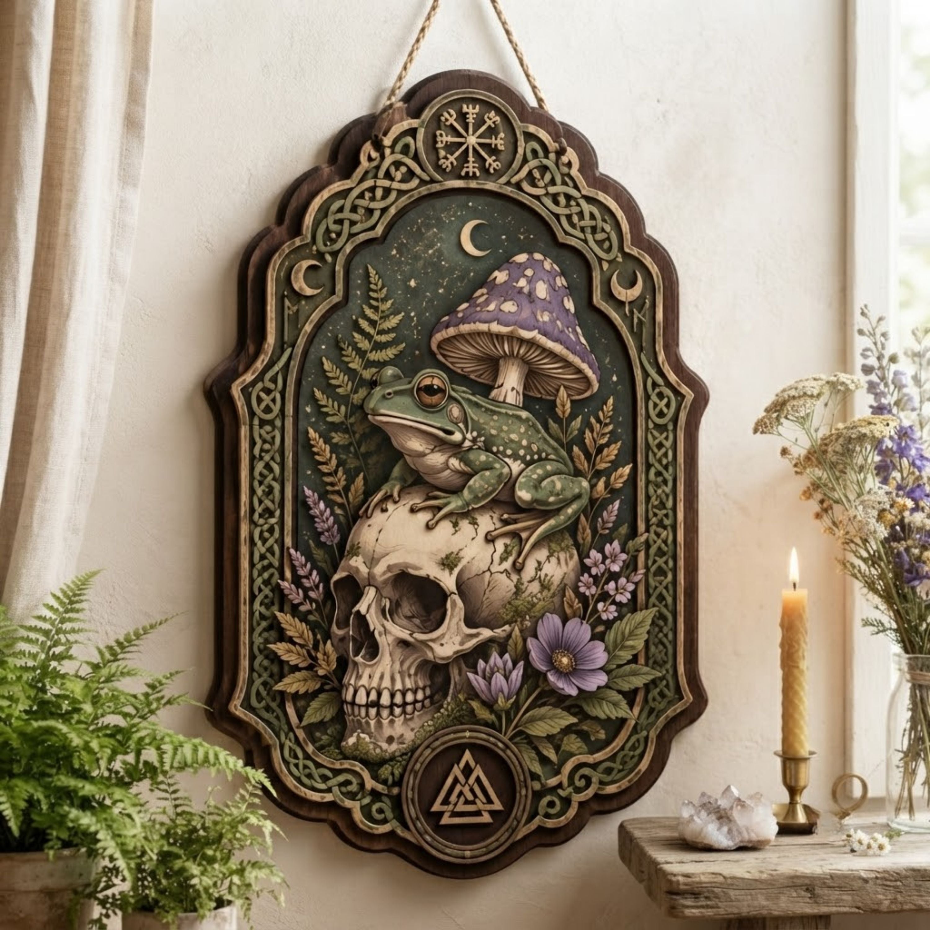 Frog Skull Wooden Sign - Gothic Witchy Wall Decor with Purple Mushroom, Wildflowers & Norse Symbols
