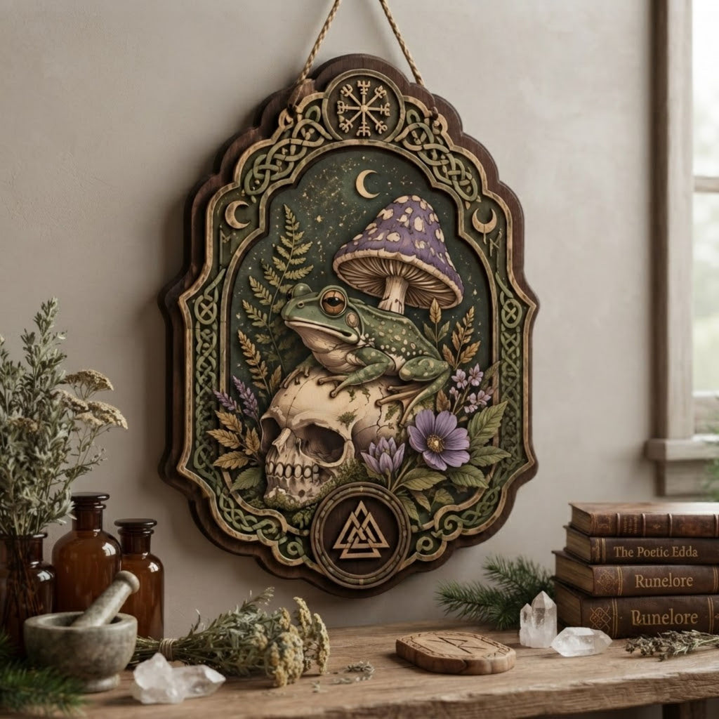 Frog Skull Wooden Sign - Gothic Witchy Wall Decor with Purple Mushroom, Wildflowers & Norse Symbols