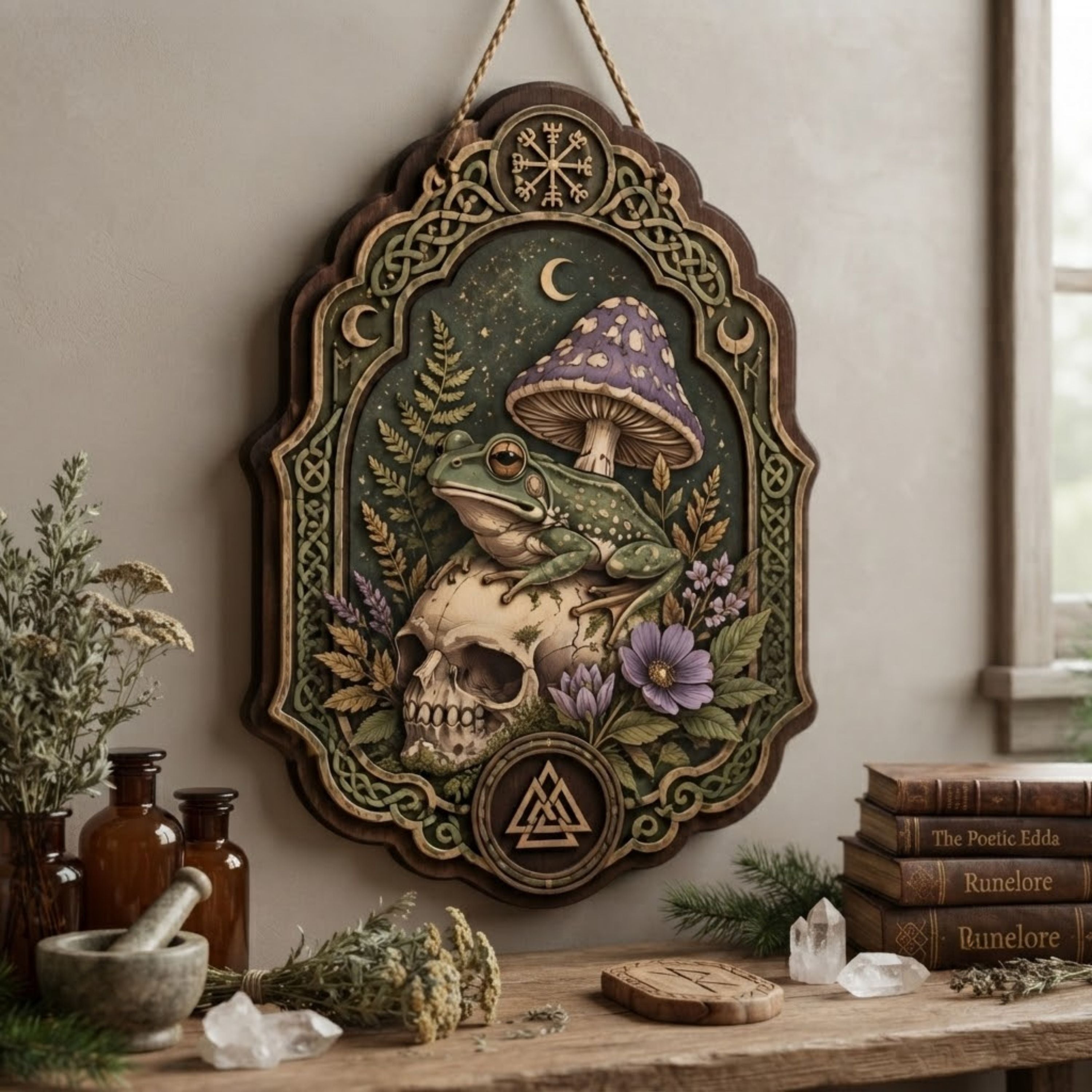 Frog Skull Wooden Sign - Gothic Witchy Wall Decor with Purple Mushroom, Wildflowers & Norse Symbols