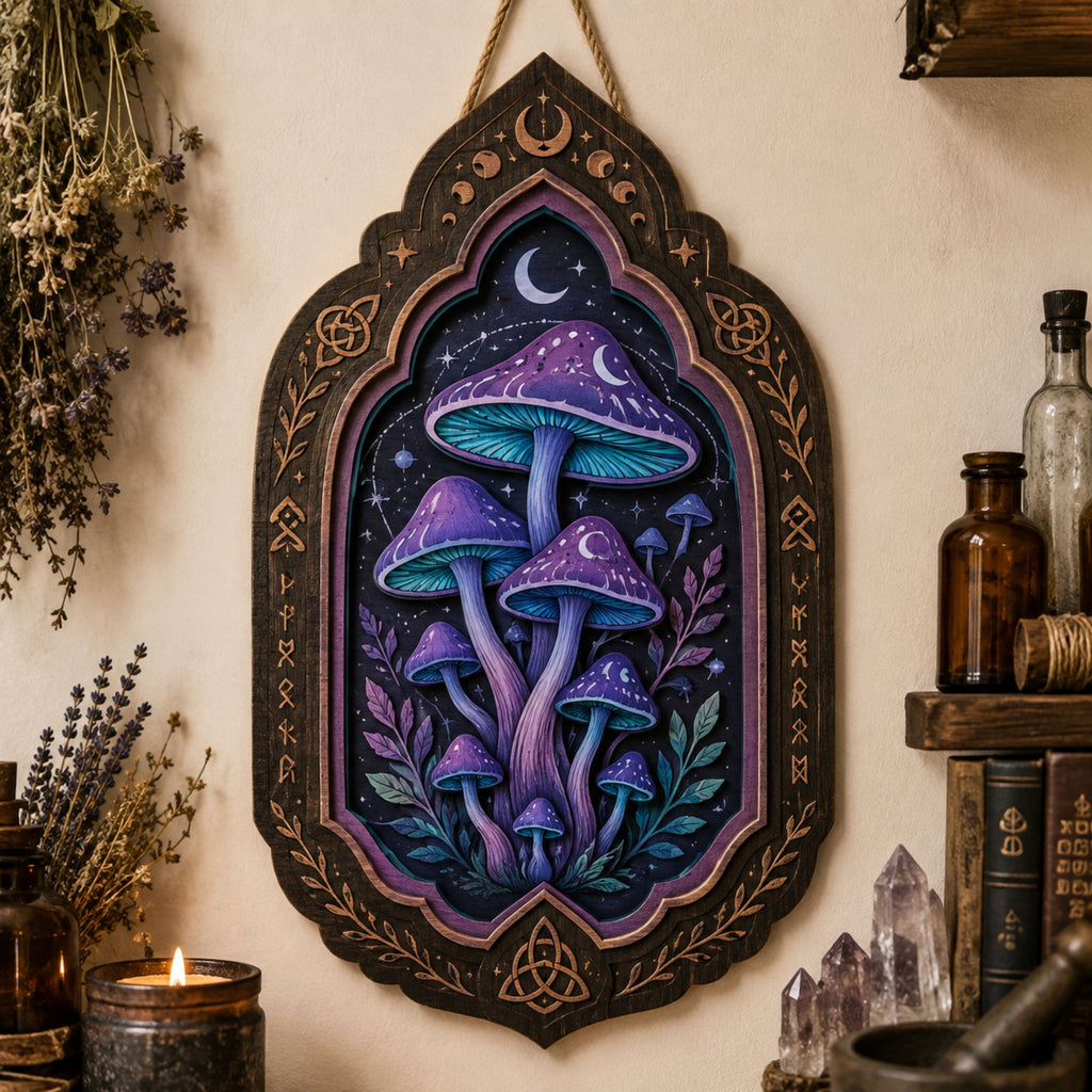 Celestial Mushroom Wooden Sign - Mystical Witchy Wall Decor with Crescent Moons, Stars & Norse Runes