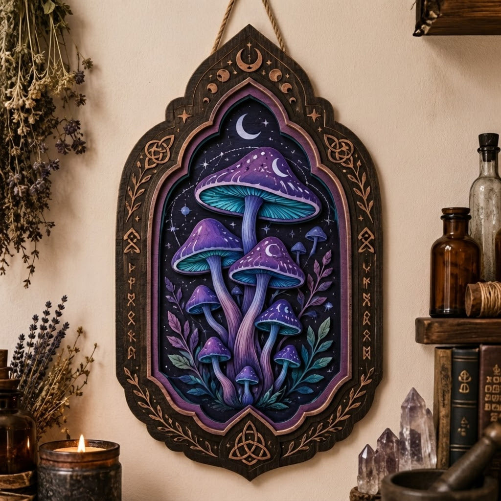 Celestial Mushroom Wooden Sign - Mystical Witchy Wall Decor with Crescent Moons, Stars & Norse Runes