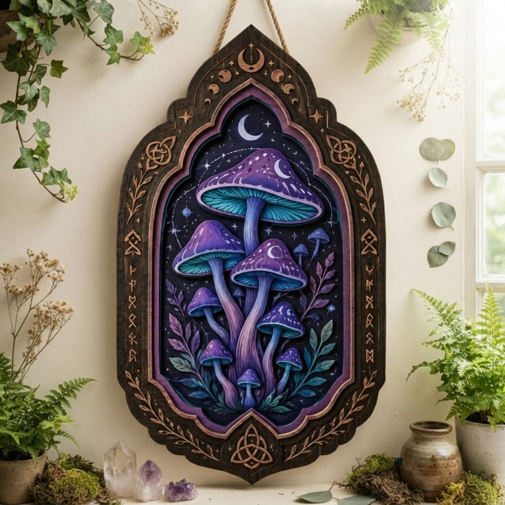 Celestial Mushroom Wooden Sign - Mystical Witchy Wall Decor with Crescent Moons, Stars & Norse Runes
