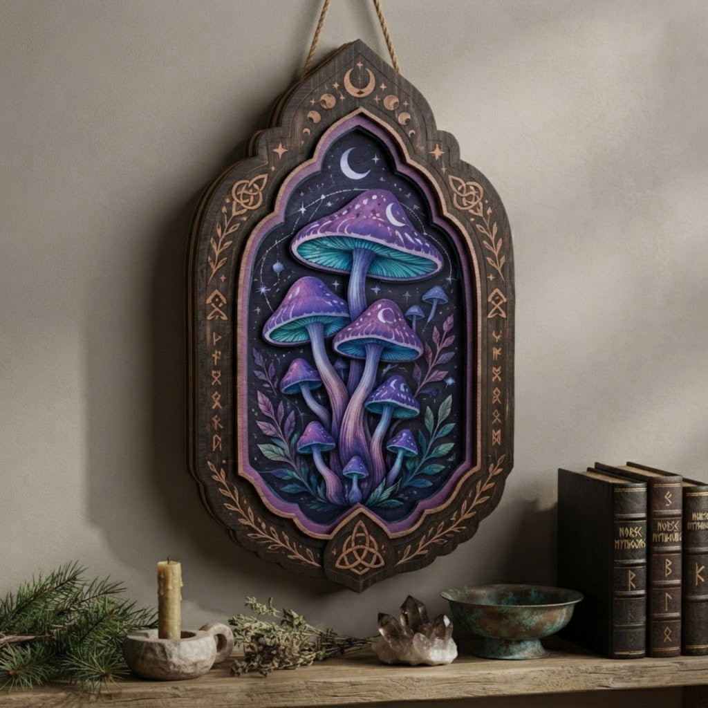 Celestial Mushroom Wooden Sign - Mystical Witchy Wall Decor with Crescent Moons, Stars & Norse Runes