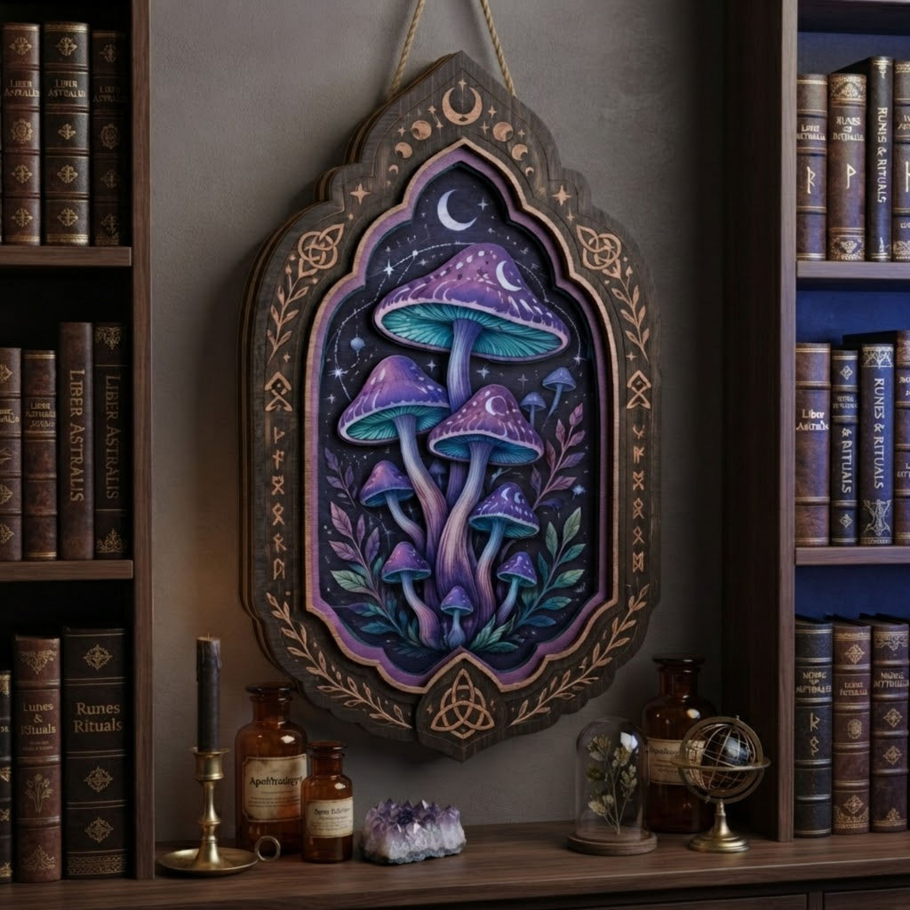Celestial Mushroom Wooden Sign - Mystical Witchy Wall Decor with Crescent Moons, Stars & Norse Runes