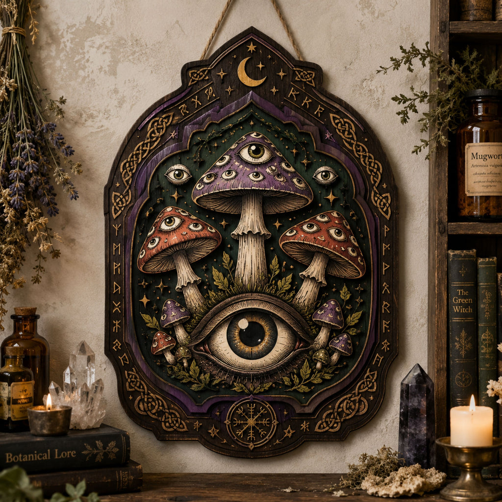 All Seeing Eye Mushroom Wooden Sign - Mystical Witchy Wall Decor with Moons, Runes & Celtic Knots