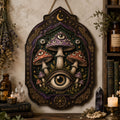 All Seeing Eye Mushroom Wooden Sign - Mystical Witchy Wall Decor with Moons, Runes & Celtic Knots