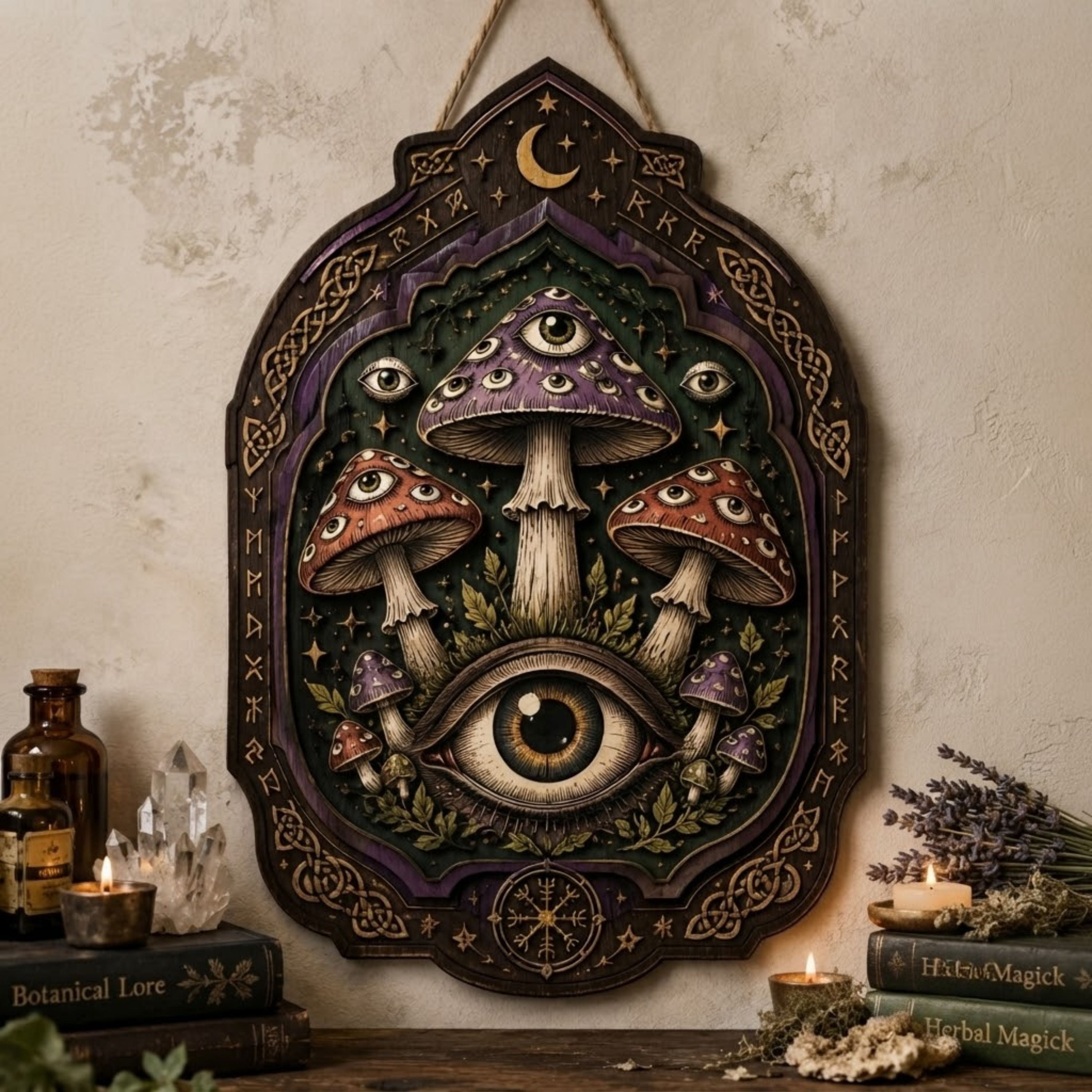 All Seeing Eye Mushroom Wooden Sign - Mystical Witchy Wall Decor with Moons, Runes & Celtic Knots