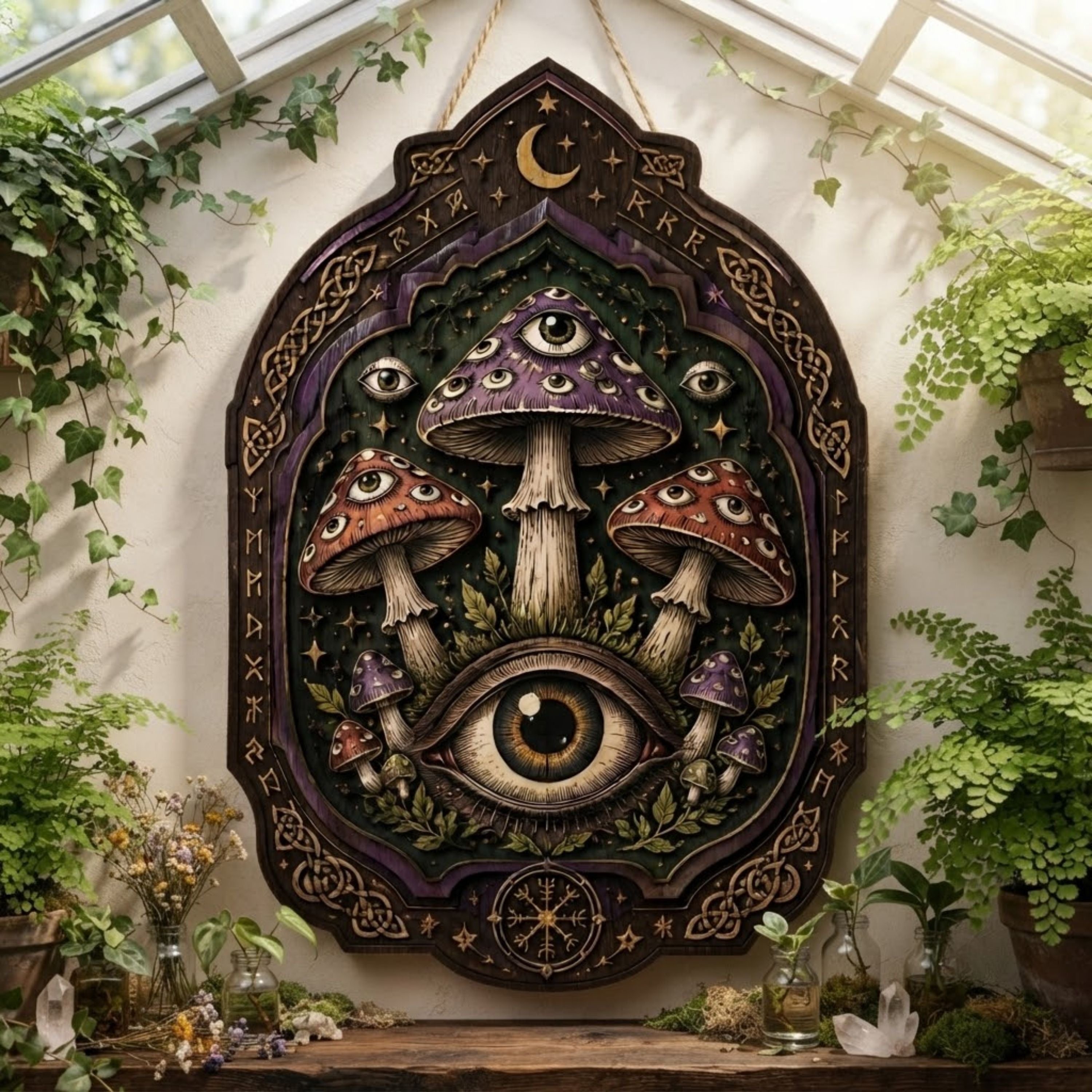 All Seeing Eye Mushroom Wooden Sign - Mystical Witchy Wall Decor with Moons, Runes & Celtic Knots
