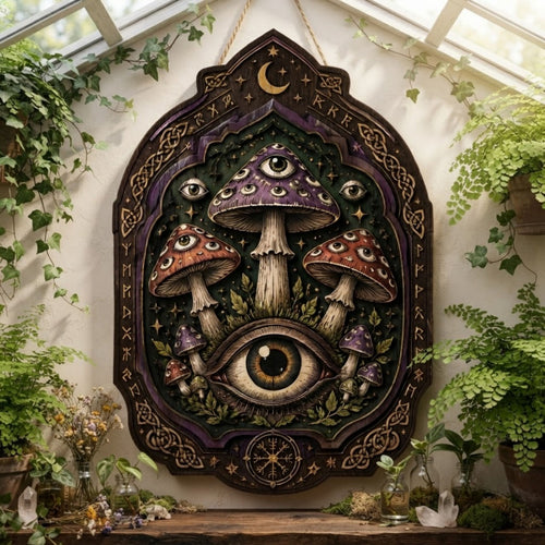 All Seeing Eye Mushroom Wooden Sign - Mystical Witchy Wall Decor with Moons, Runes & Celtic Knots