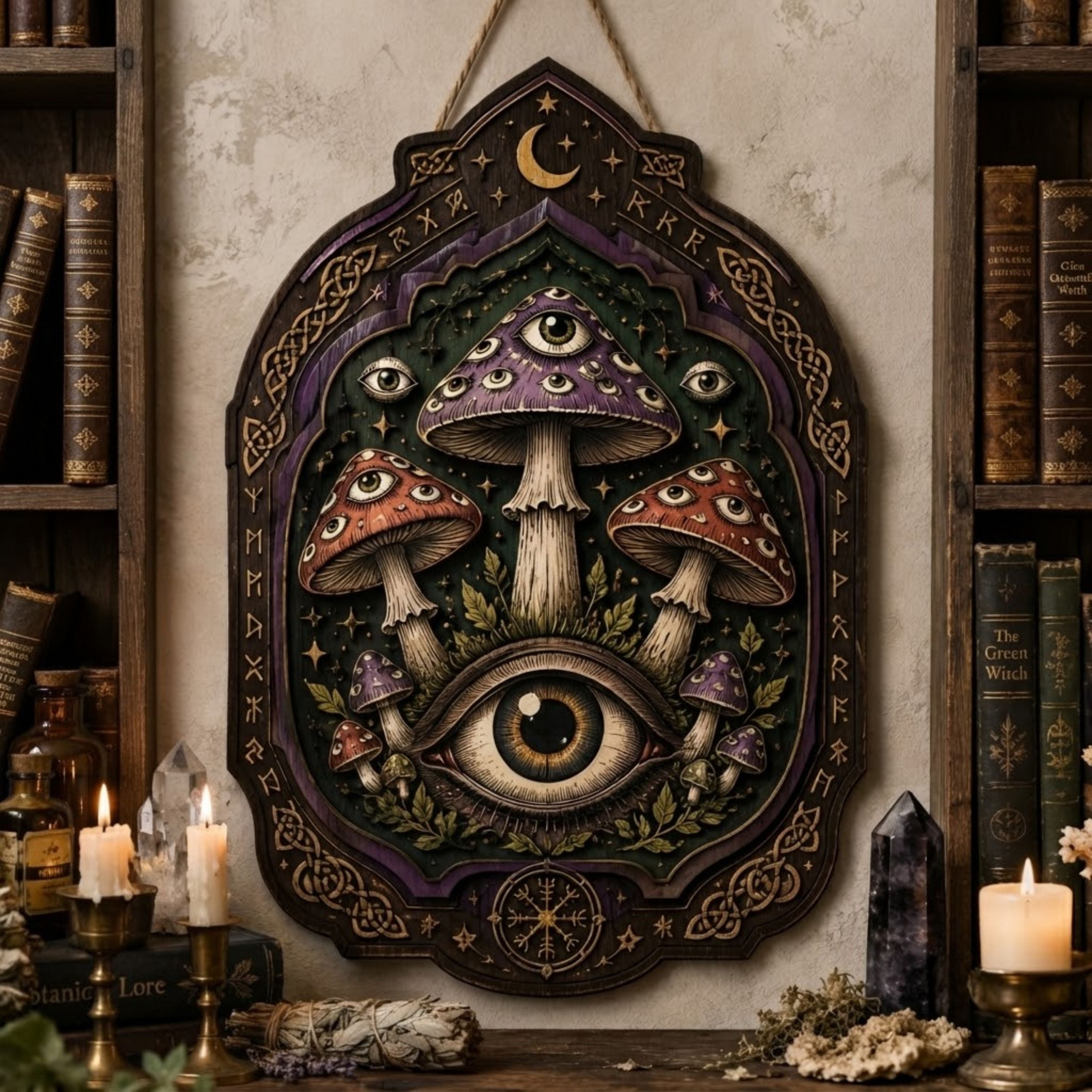 All Seeing Eye Mushroom Wooden Sign - Mystical Witchy Wall Decor with Moons, Runes & Celtic Knots
