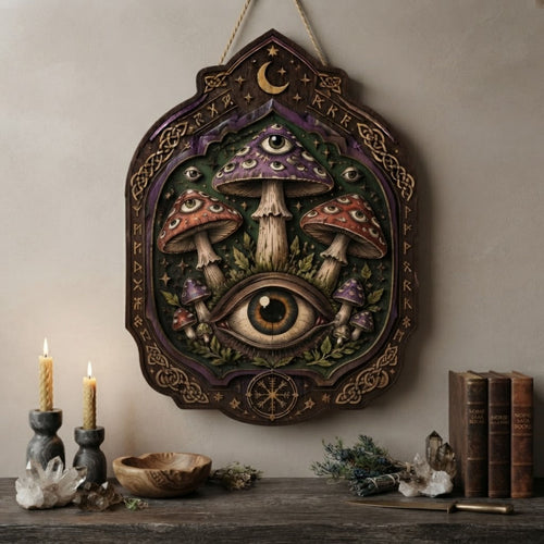 All Seeing Eye Mushroom Wooden Sign - Mystical Witchy Wall Decor with Moons, Runes & Celtic Knots