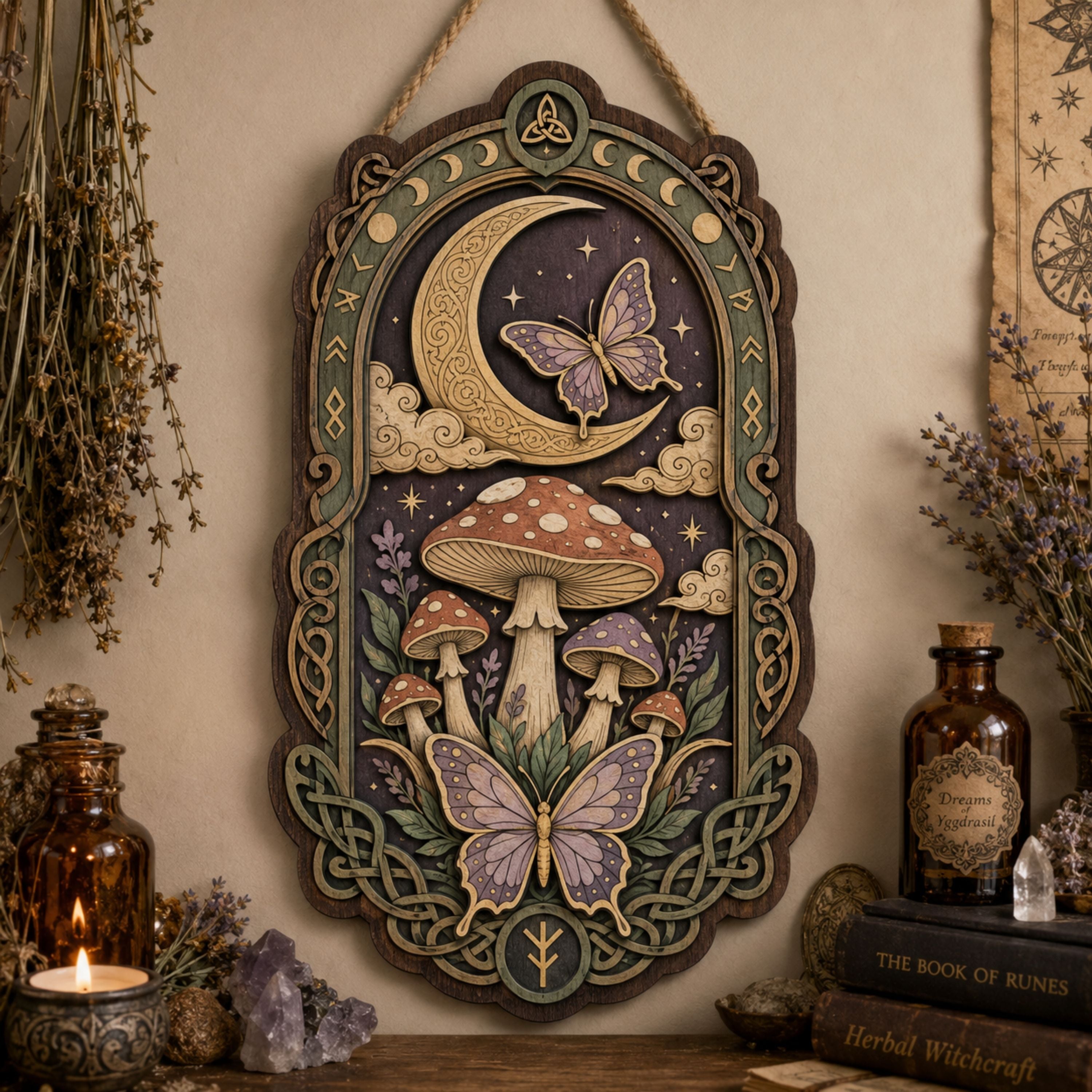 Moonlit Mushroom Butterfly Wooden Sign - Mystical Cottagecore Wall Decor with Crescent Moon, Botanicals & Celtic Knots