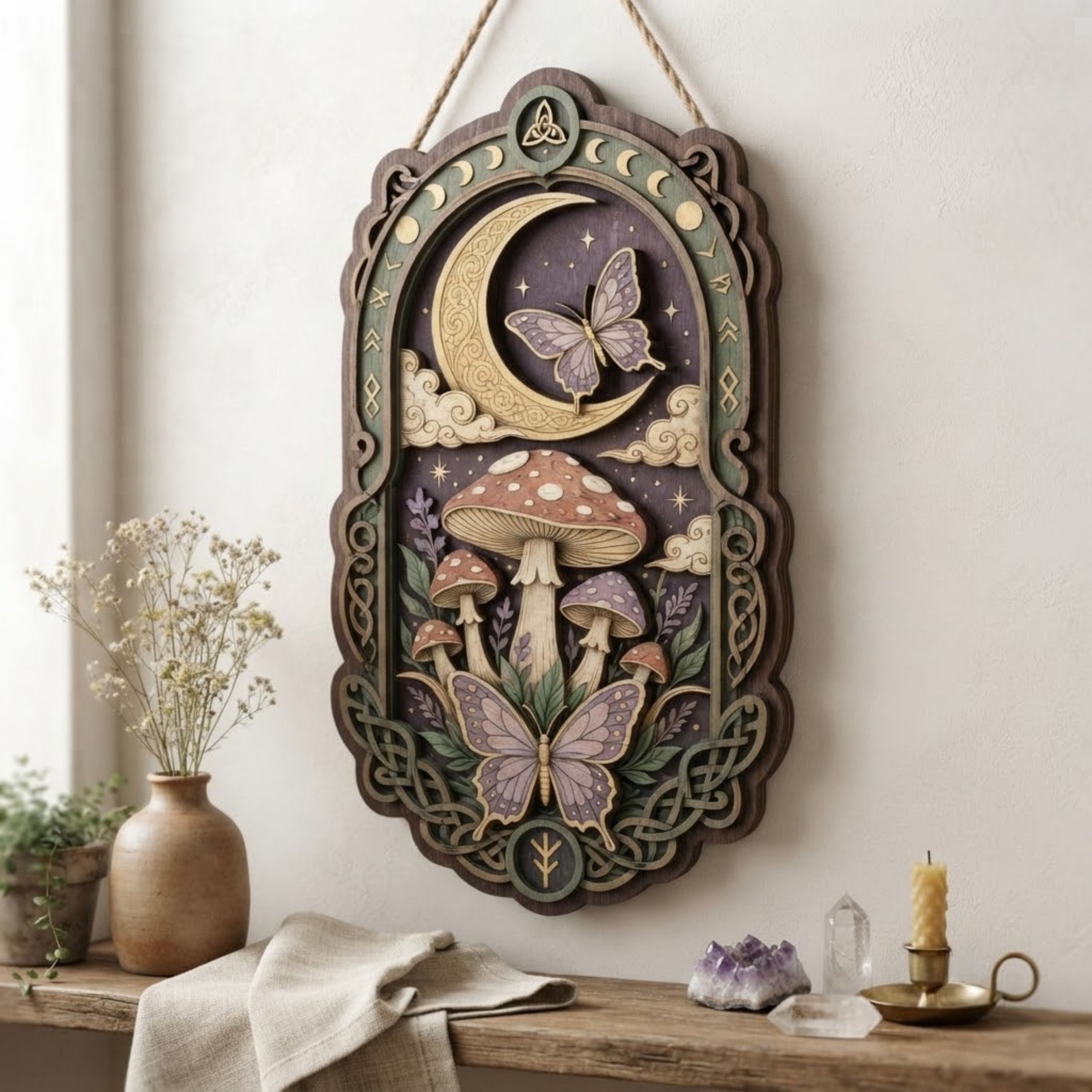 Moonlit Mushroom Butterfly Wooden Sign - Mystical Cottagecore Wall Decor with Crescent Moon, Botanicals & Celtic Knots