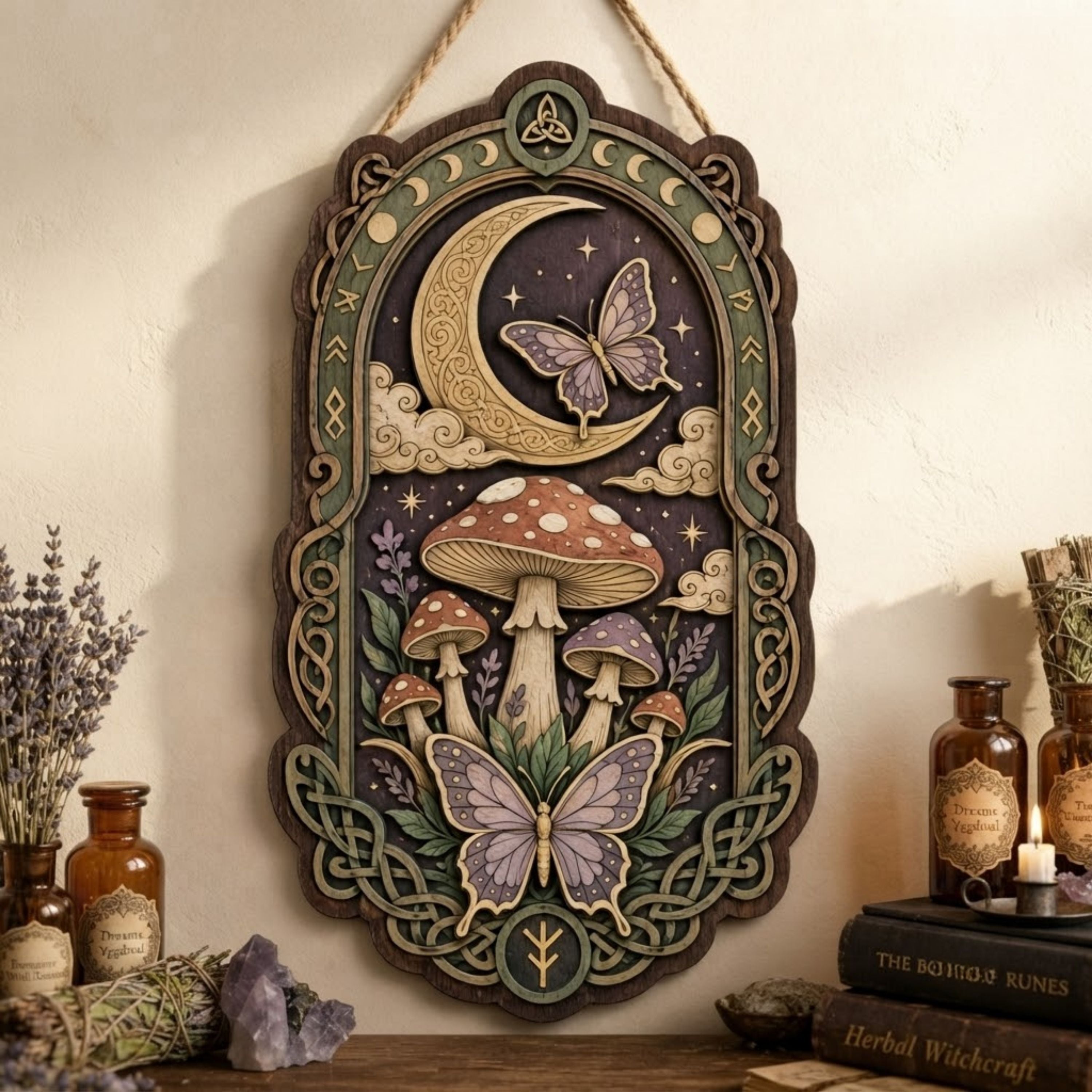 Moonlit Mushroom Butterfly Wooden Sign - Mystical Cottagecore Wall Decor with Crescent Moon, Botanicals & Celtic Knots