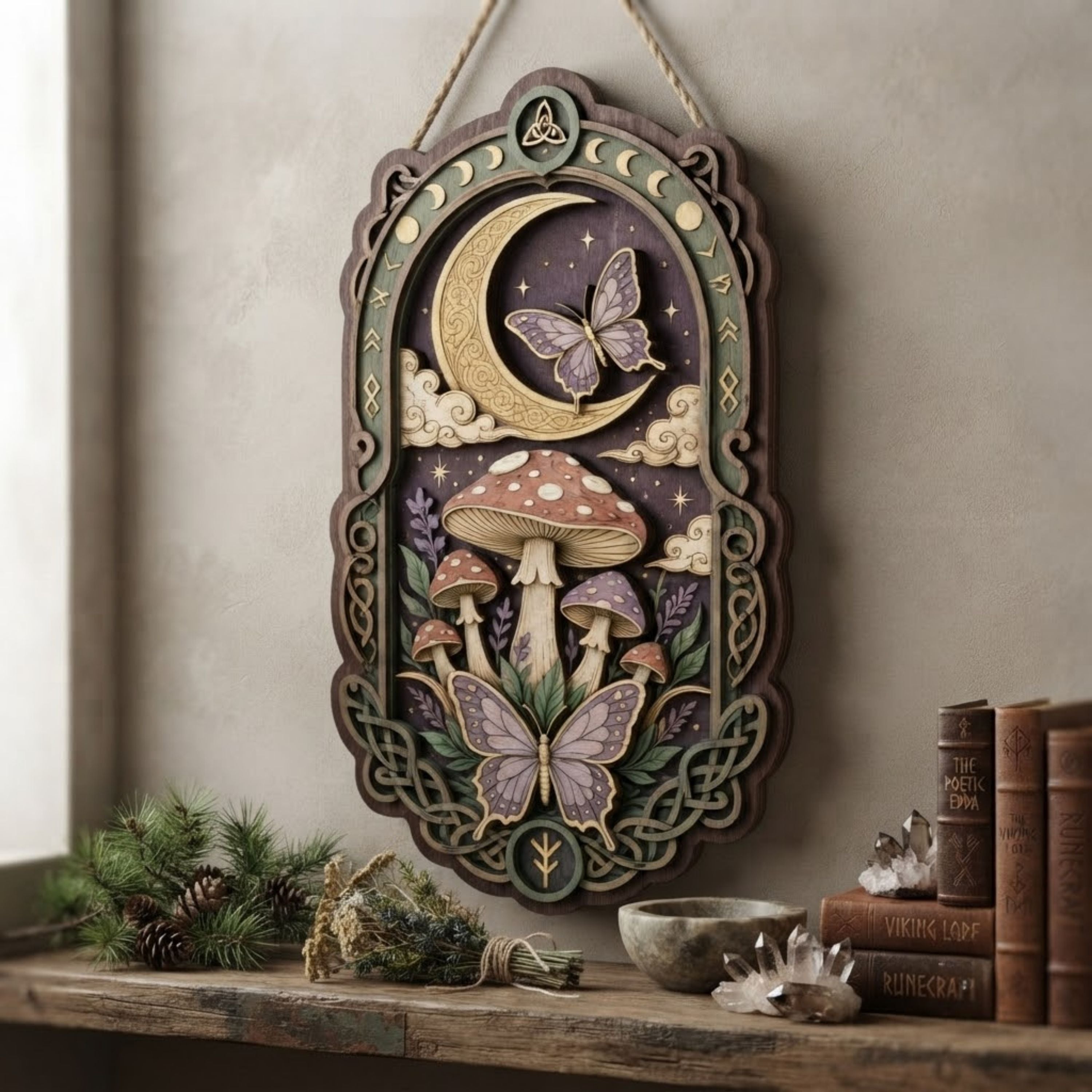 Moonlit Mushroom Butterfly Wooden Sign - Mystical Cottagecore Wall Decor with Crescent Moon, Botanicals & Celtic Knots