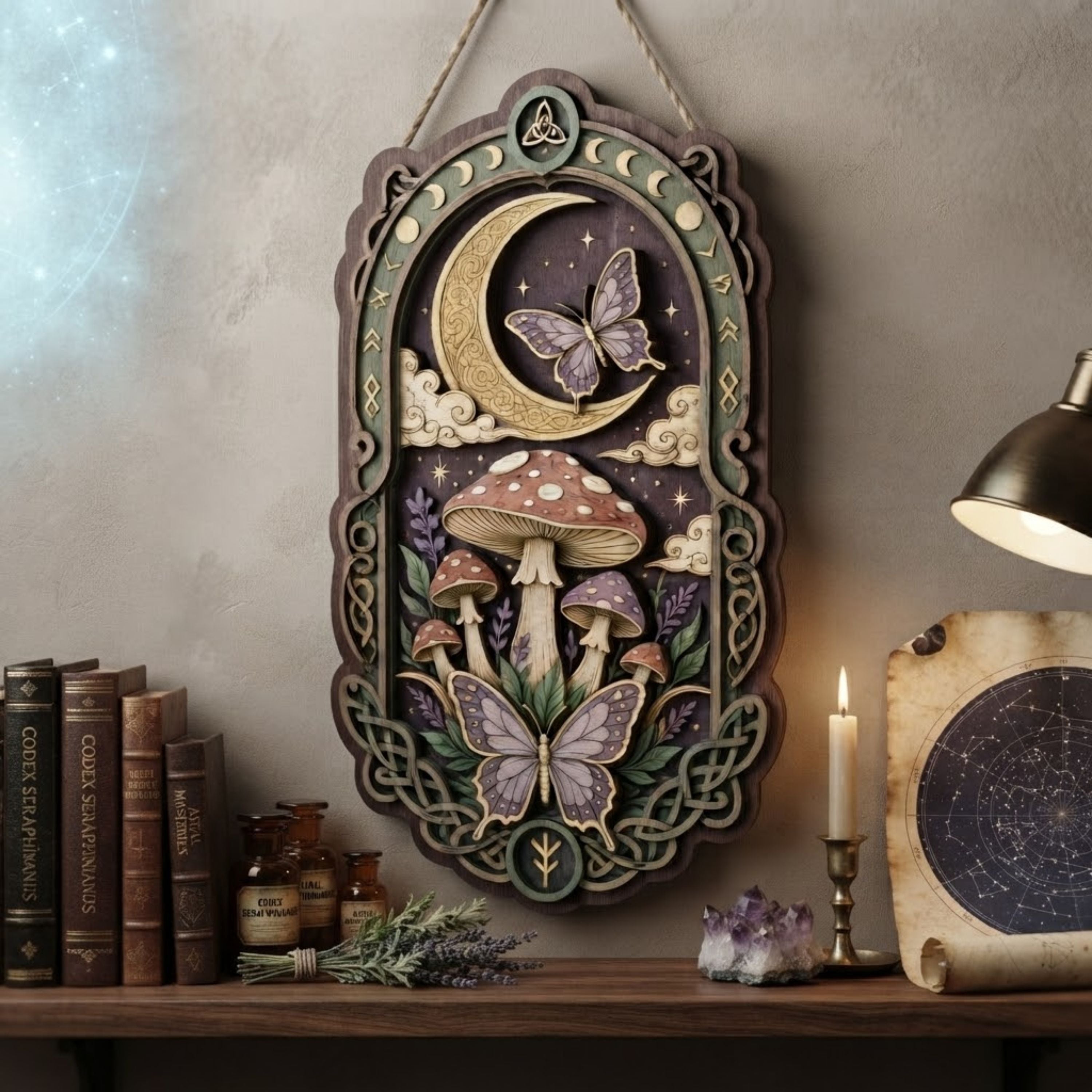 Moonlit Mushroom Butterfly Wooden Sign - Mystical Cottagecore Wall Decor with Crescent Moon, Botanicals & Celtic Knots