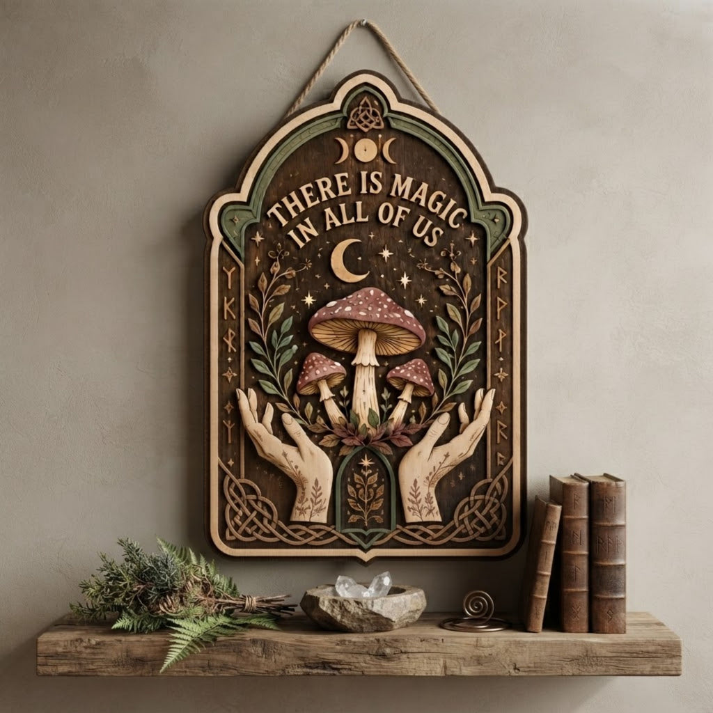 There Is Magic in All of Us Wooden Sign - Witchy Mushroom Wall Decor with Mystical Hands, Moon & Botanicals
