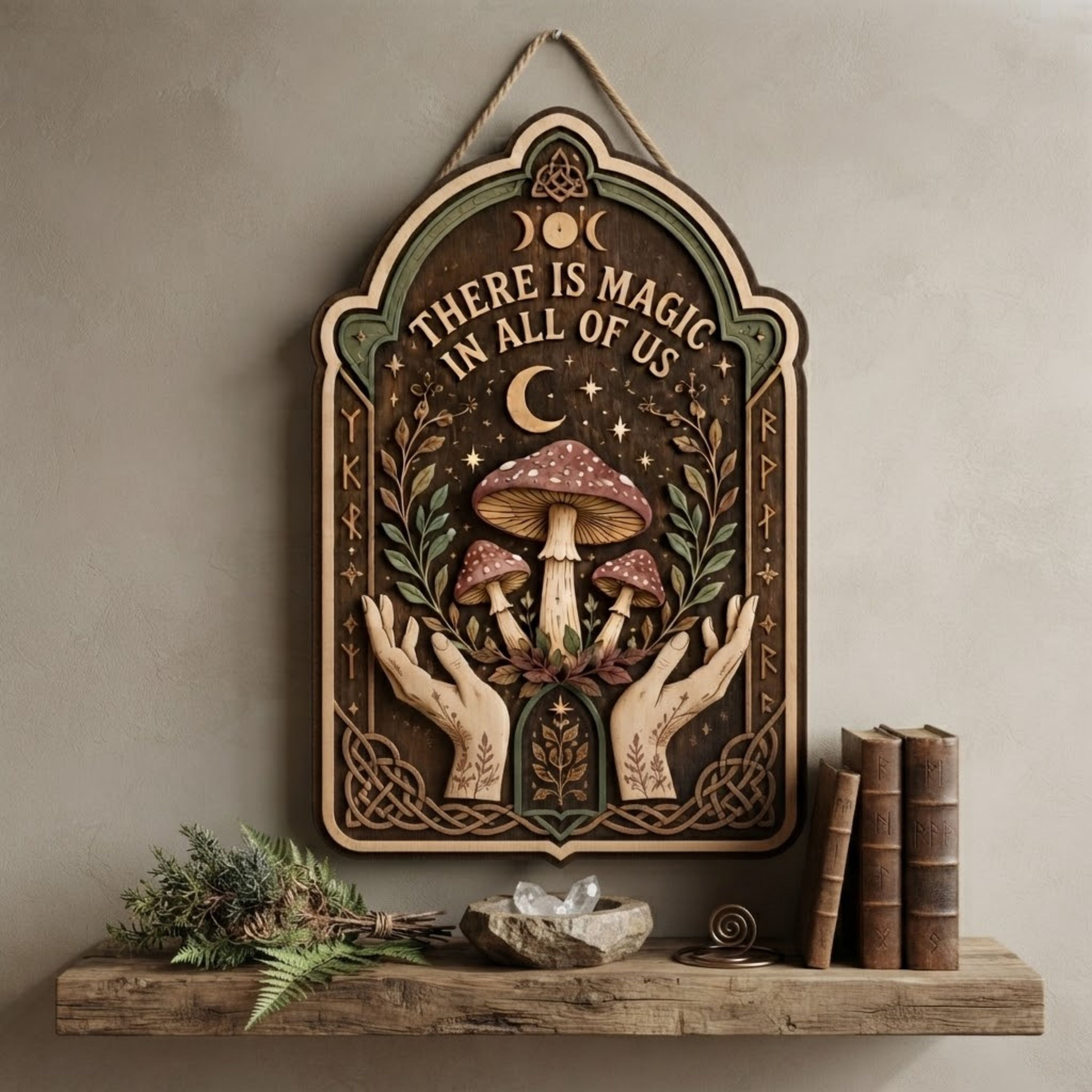There Is Magic in All of Us Wooden Sign - Witchy Mushroom Wall Decor with Mystical Hands, Moon & Botanicals