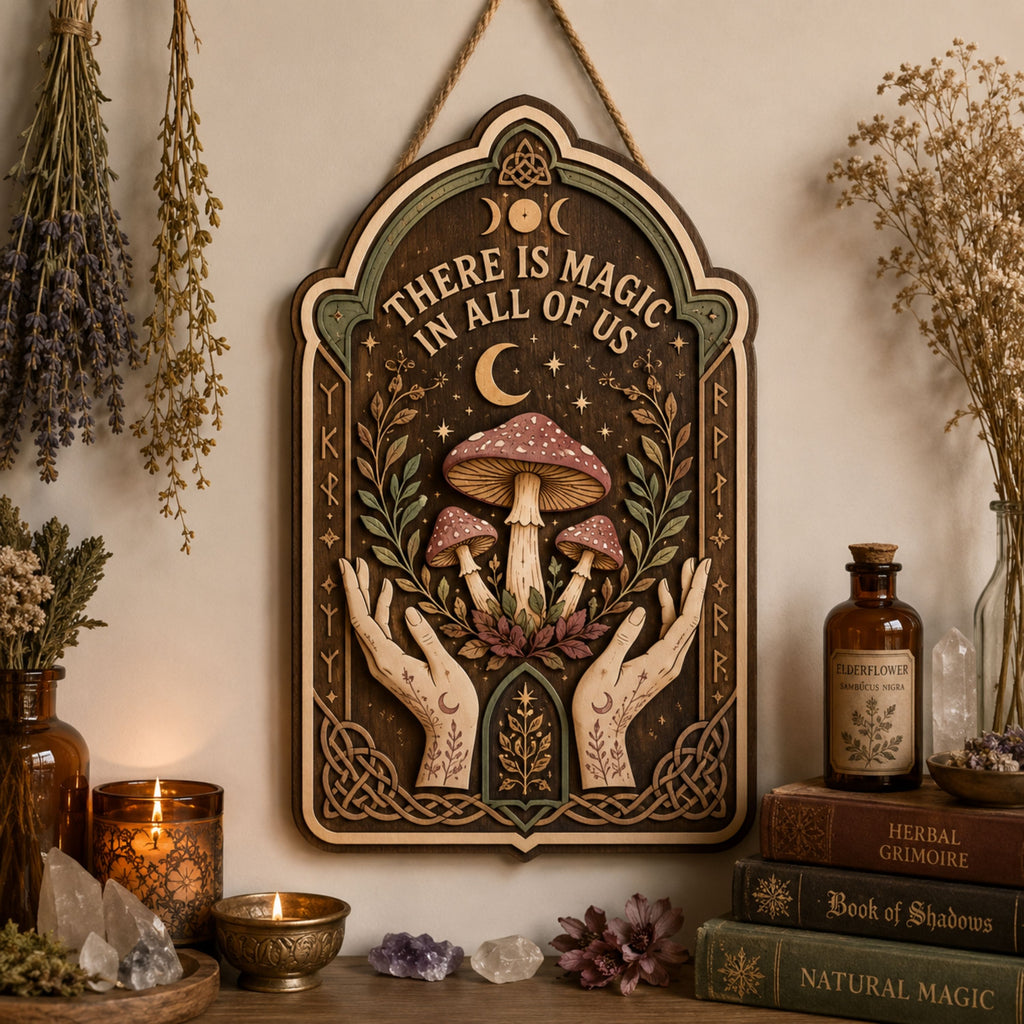 There Is Magic in All of Us Wooden Sign - Witchy Mushroom Wall Decor with Mystical Hands, Moon & Botanicals
