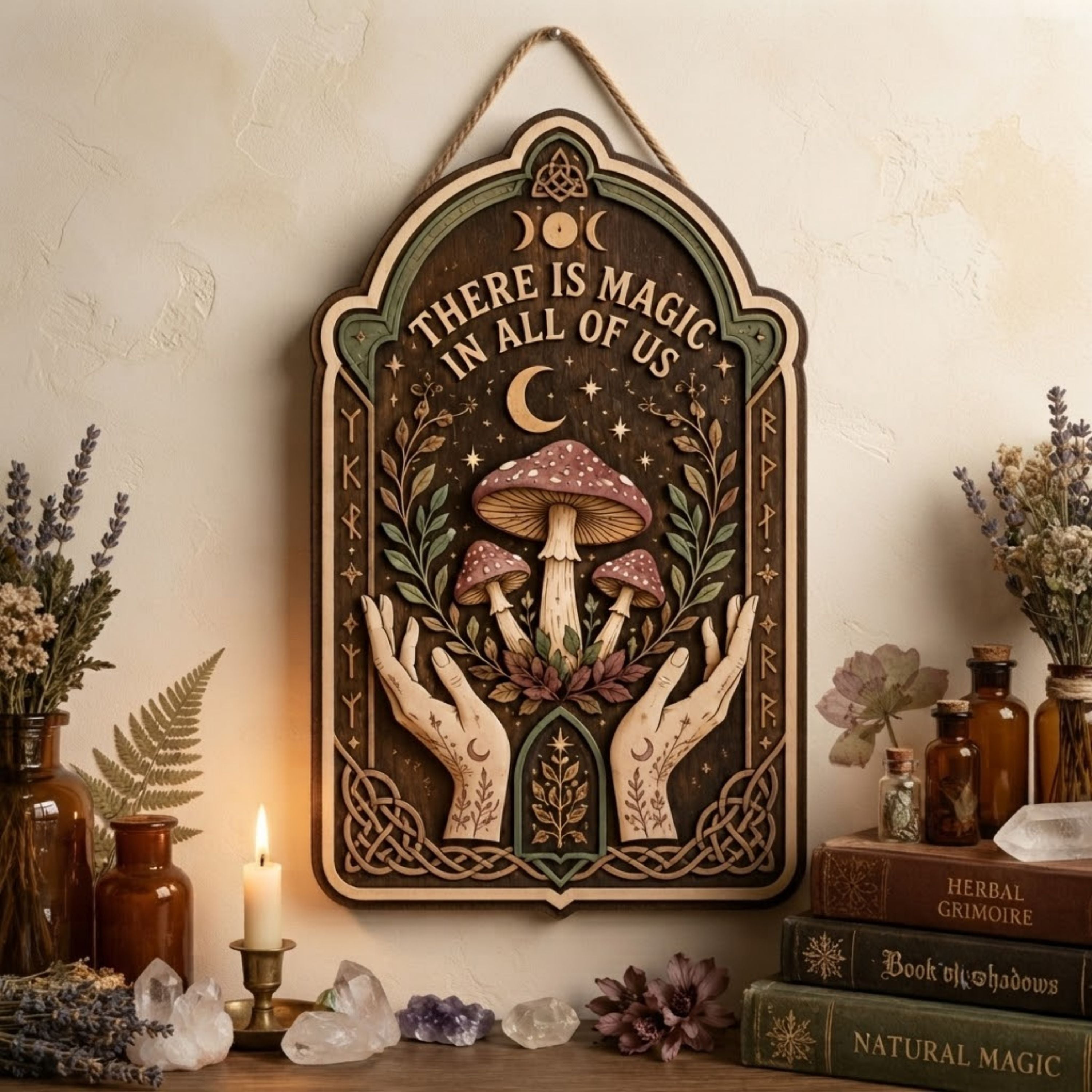 There Is Magic in All of Us Wooden Sign - Witchy Mushroom Wall Decor with Mystical Hands, Moon & Botanicals