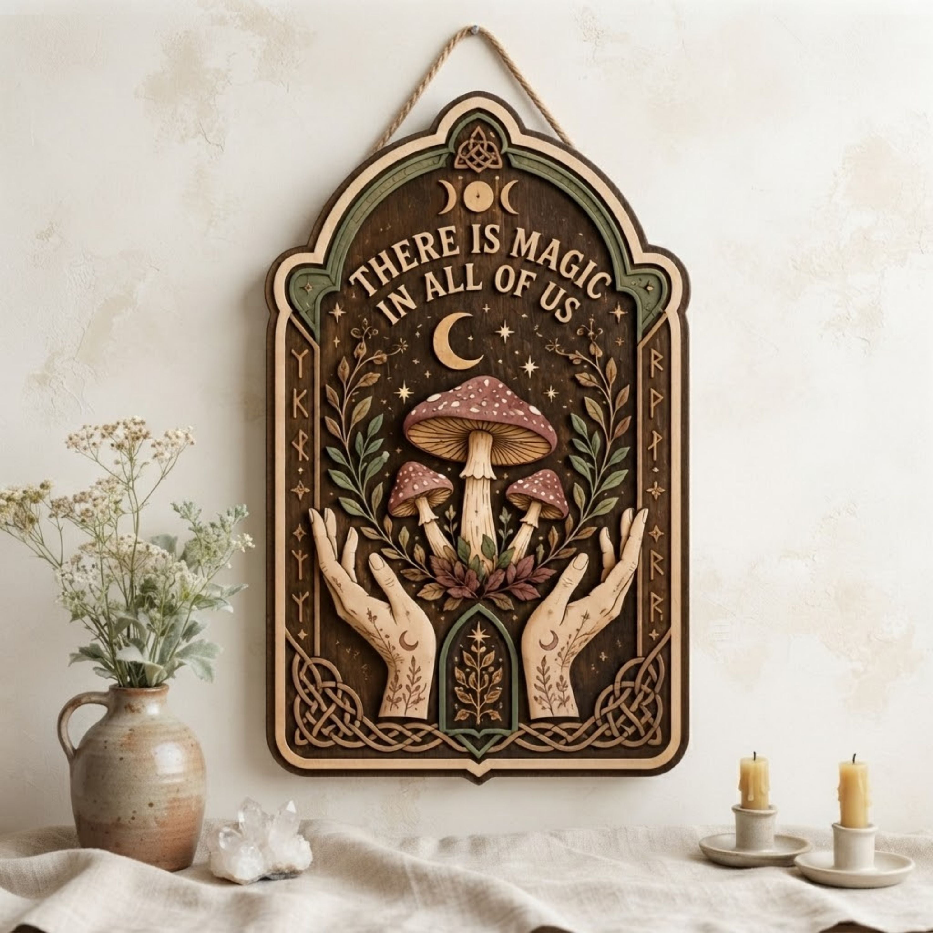 There Is Magic in All of Us Wooden Sign - Witchy Mushroom Wall Decor with Mystical Hands, Moon & Botanicals