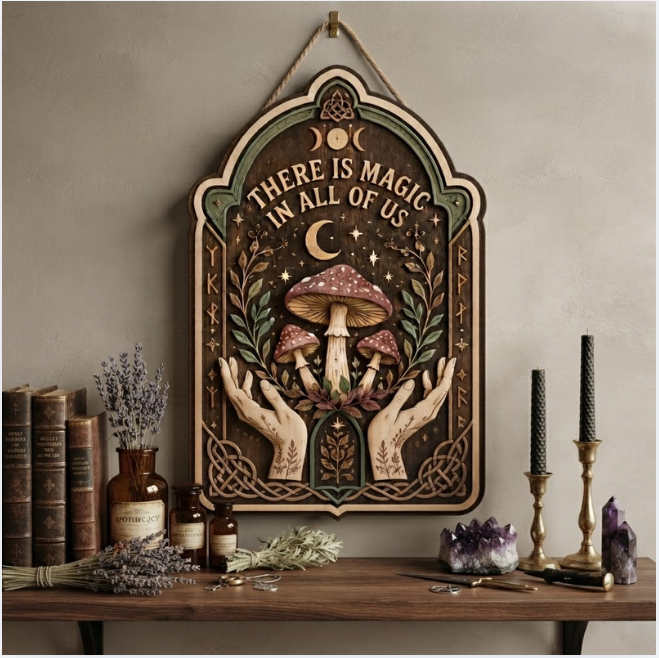 There Is Magic in All of Us Wooden Sign - Witchy Mushroom Wall Decor with Mystical Hands, Moon & Botanicals