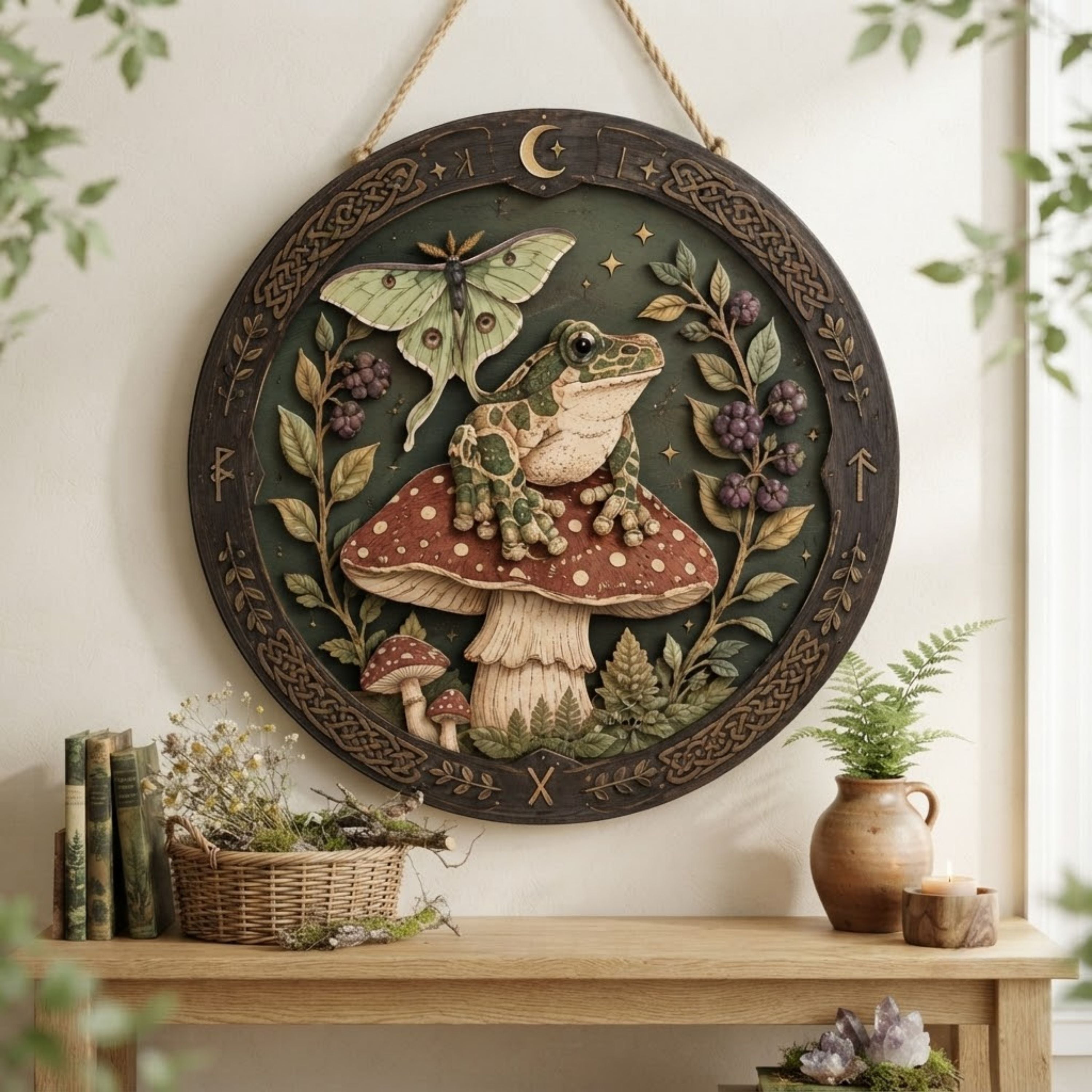 Frog and Luna Moth Wooden Sign - Mystical Mushroom Wall Decor with Berries, Moon & Celtic Knots