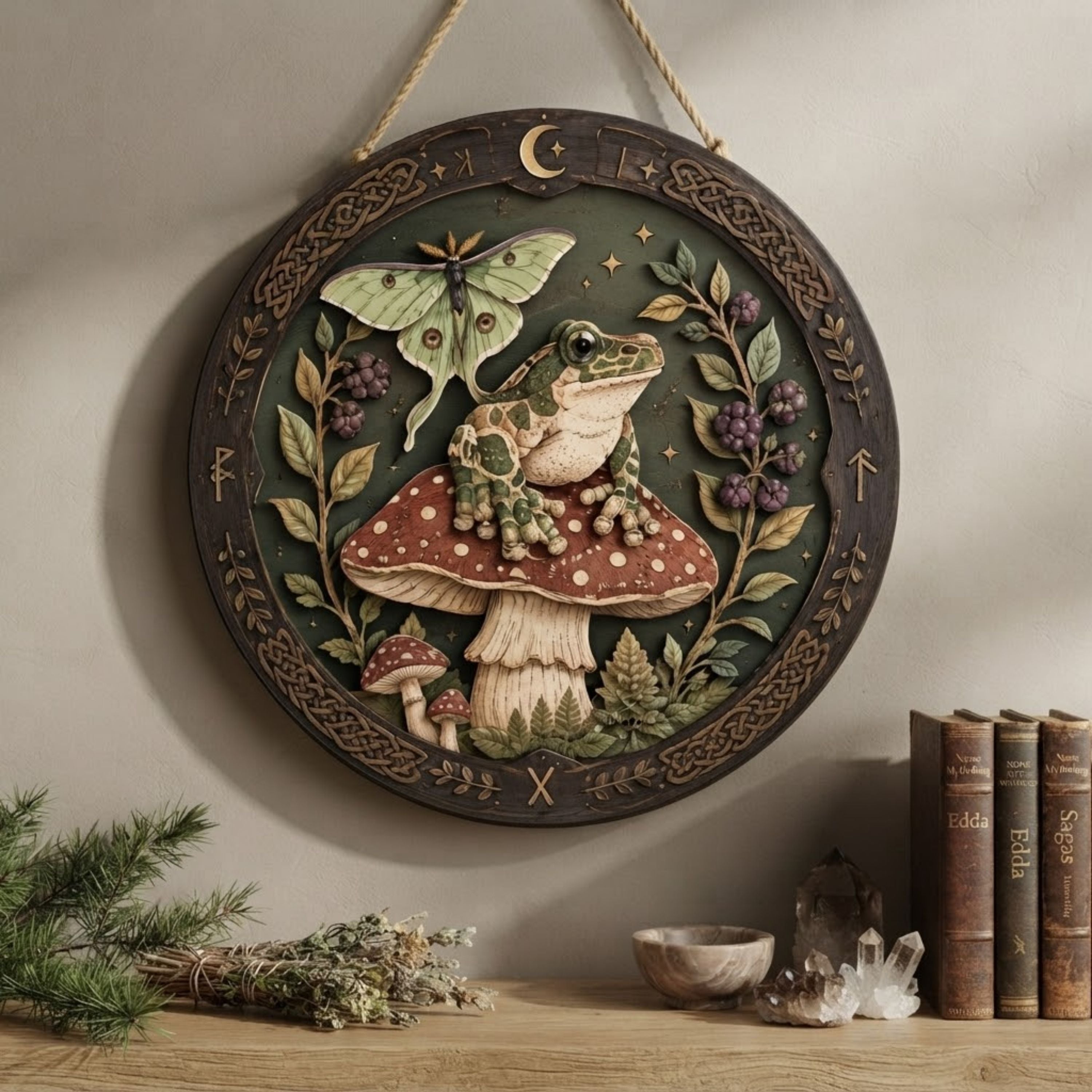 Frog and Luna Moth Wooden Sign - Mystical Mushroom Wall Decor with Berries, Moon & Celtic Knots