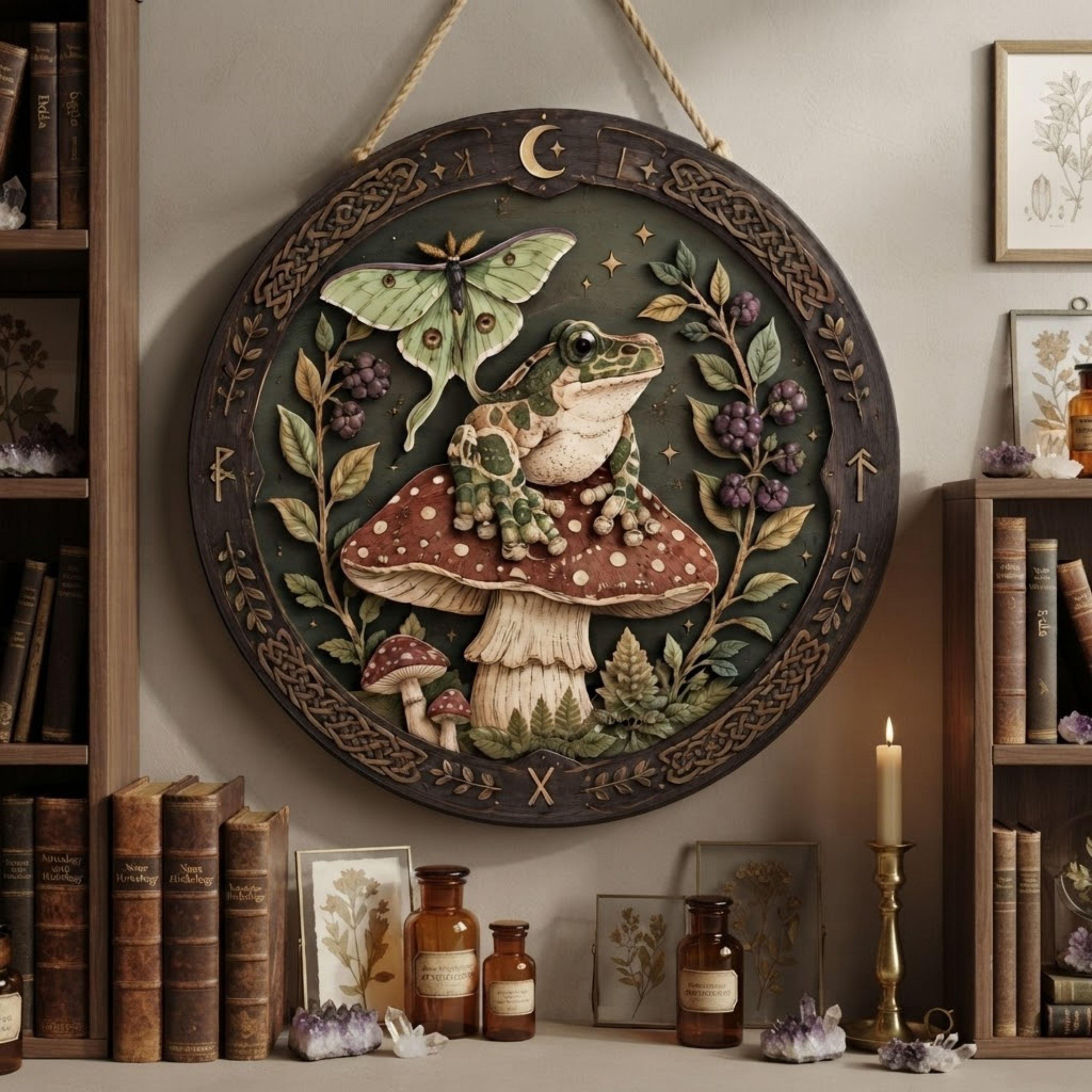 Frog and Luna Moth Wooden Sign - Mystical Mushroom Wall Decor with Berries, Moon & Celtic Knots