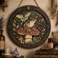 Frog and Luna Moth Wooden Sign - Mystical Mushroom Wall Decor with Berries, Moon & Celtic Knots