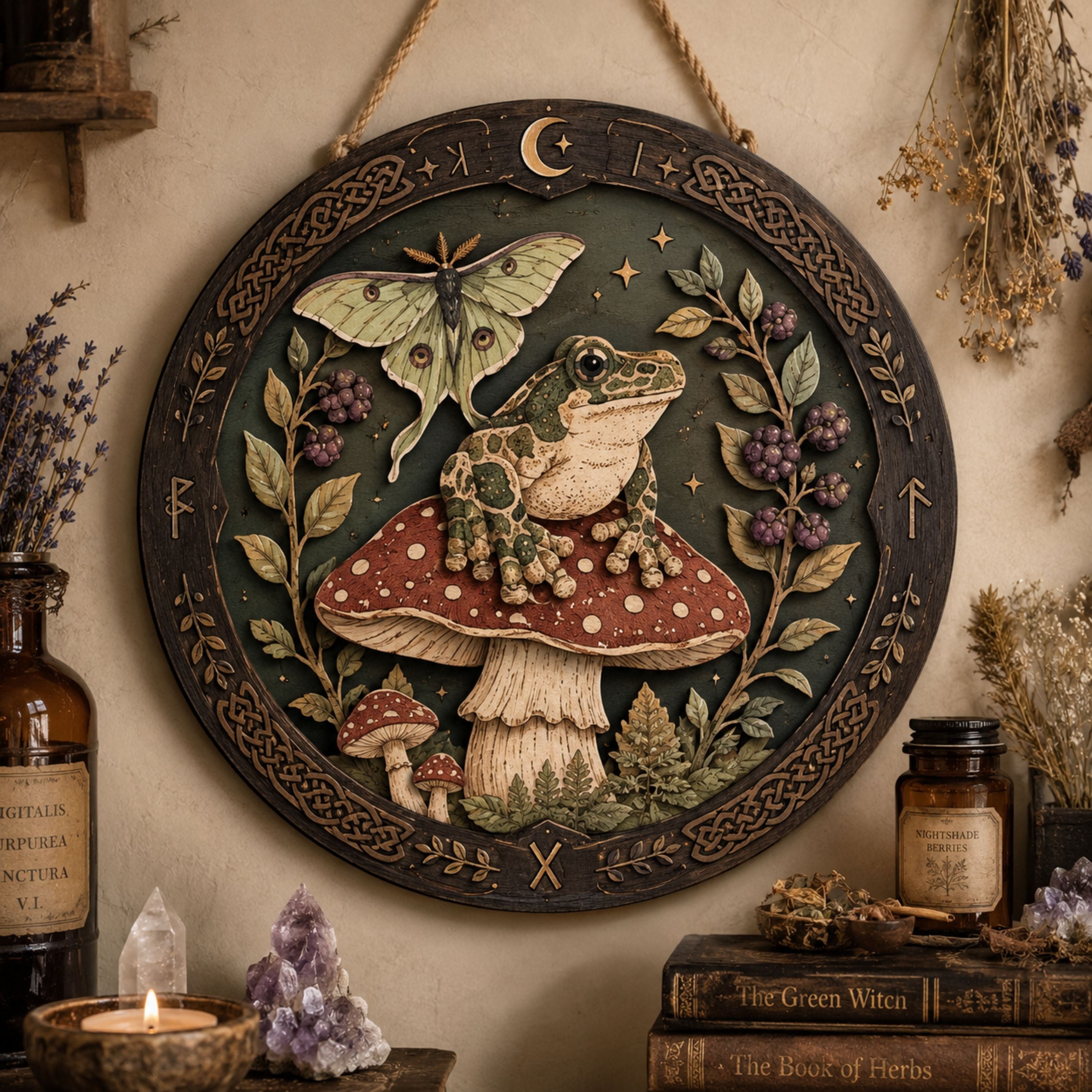 Frog and Luna Moth Wooden Sign - Mystical Mushroom Wall Decor with Berries, Moon & Celtic Knots