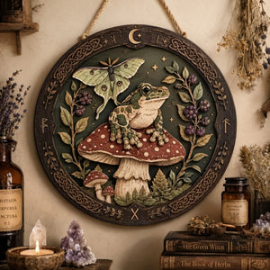 Frog and Luna Moth Wooden Sign - Mystical Mushroom Wall Decor with Berries, Moon & Celtic Knots