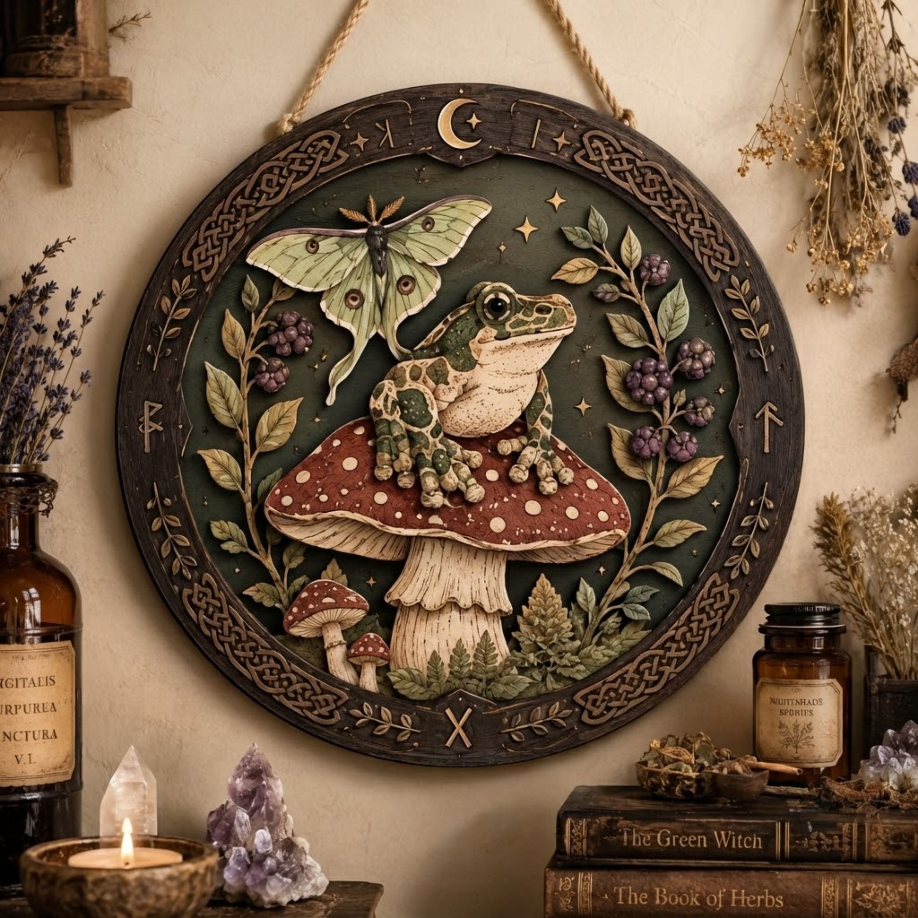 Frog and Luna Moth Wooden Sign - Mystical Mushroom Wall Decor with Berries, Moon & Celtic Knots