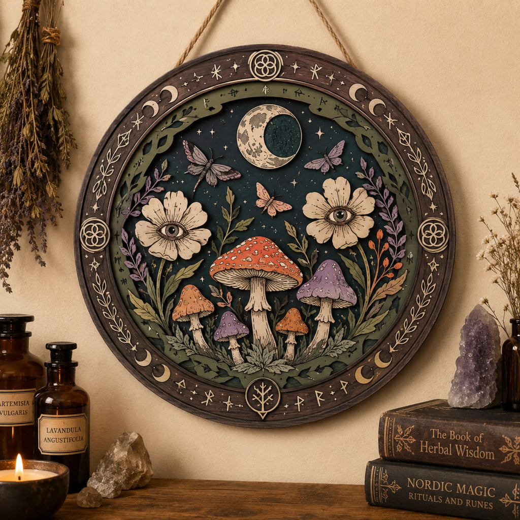 All Seeing Eye Mushroom Wooden Sign - Mystical Botanical Wall Decor with Moon, Moths & Wildflowers