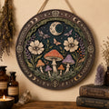 All Seeing Eye Mushroom Wooden Sign - Mystical Botanical Wall Decor with Moon, Moths & Wildflowers