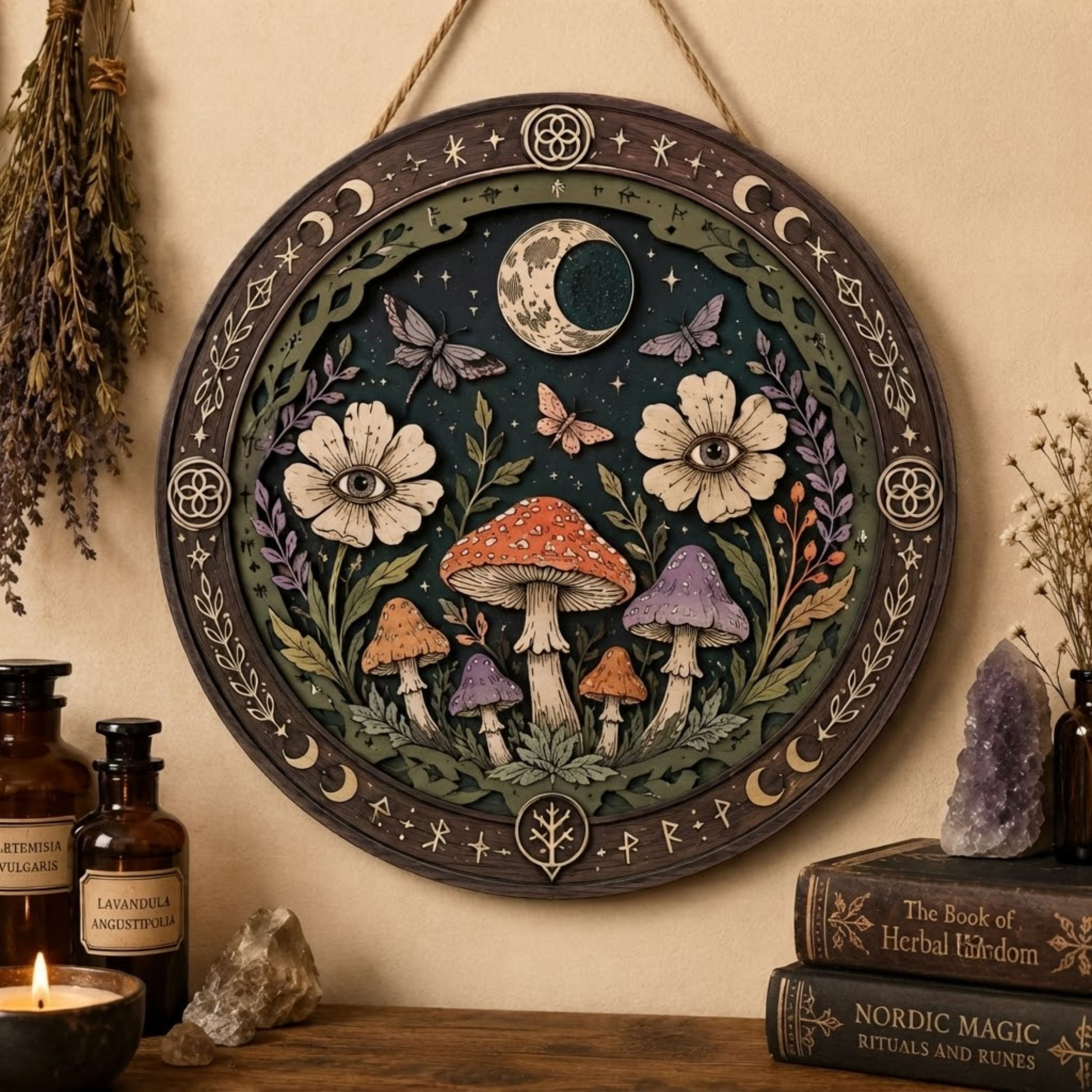 All Seeing Eye Mushroom Wooden Sign - Mystical Botanical Wall Decor with Moon, Moths & Wildflowers