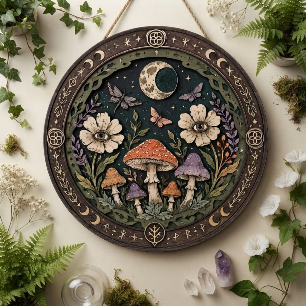 All Seeing Eye Mushroom Wooden Sign - Mystical Botanical Wall Decor with Moon, Moths & Wildflowers