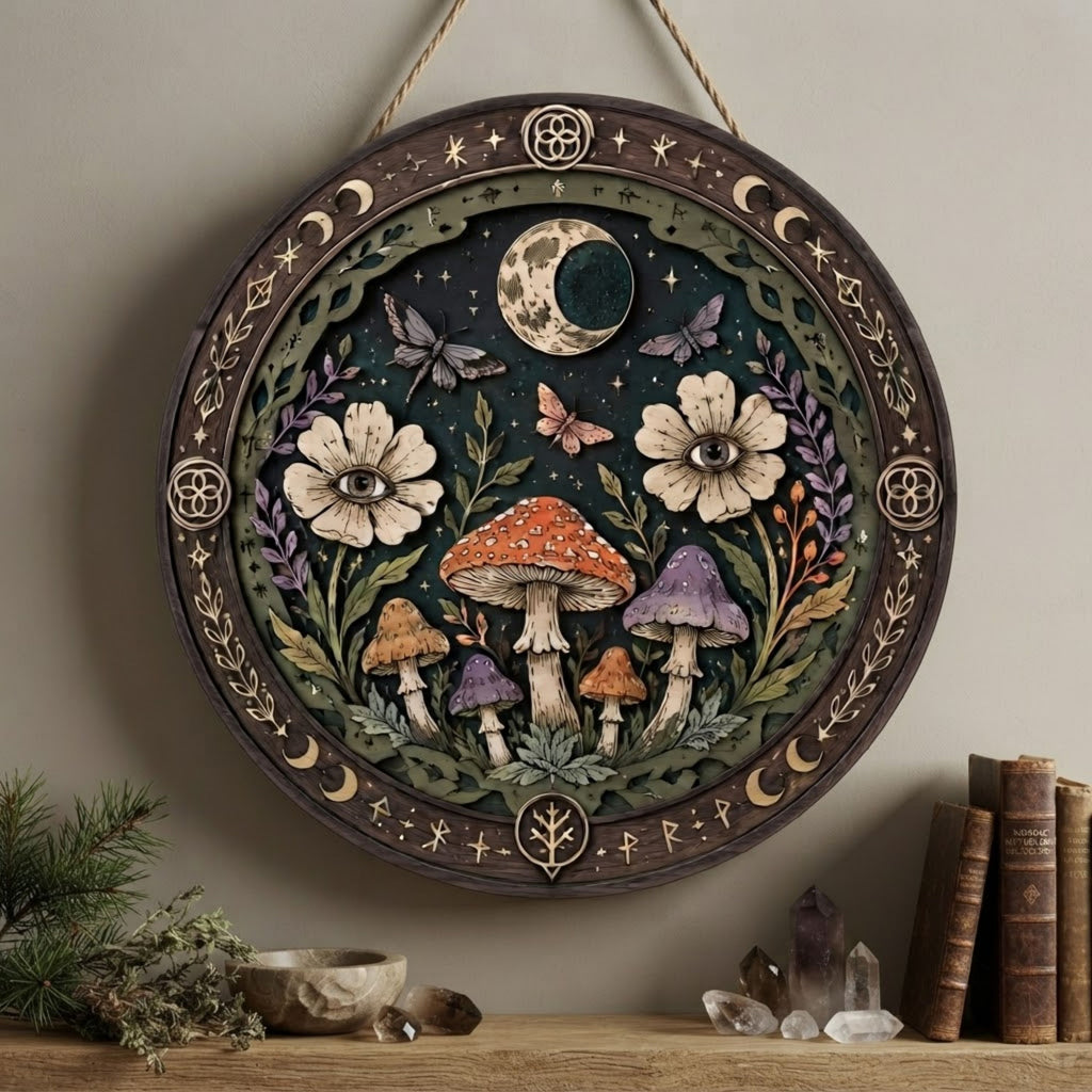 All Seeing Eye Mushroom Wooden Sign - Mystical Botanical Wall Decor with Moon, Moths & Wildflowers