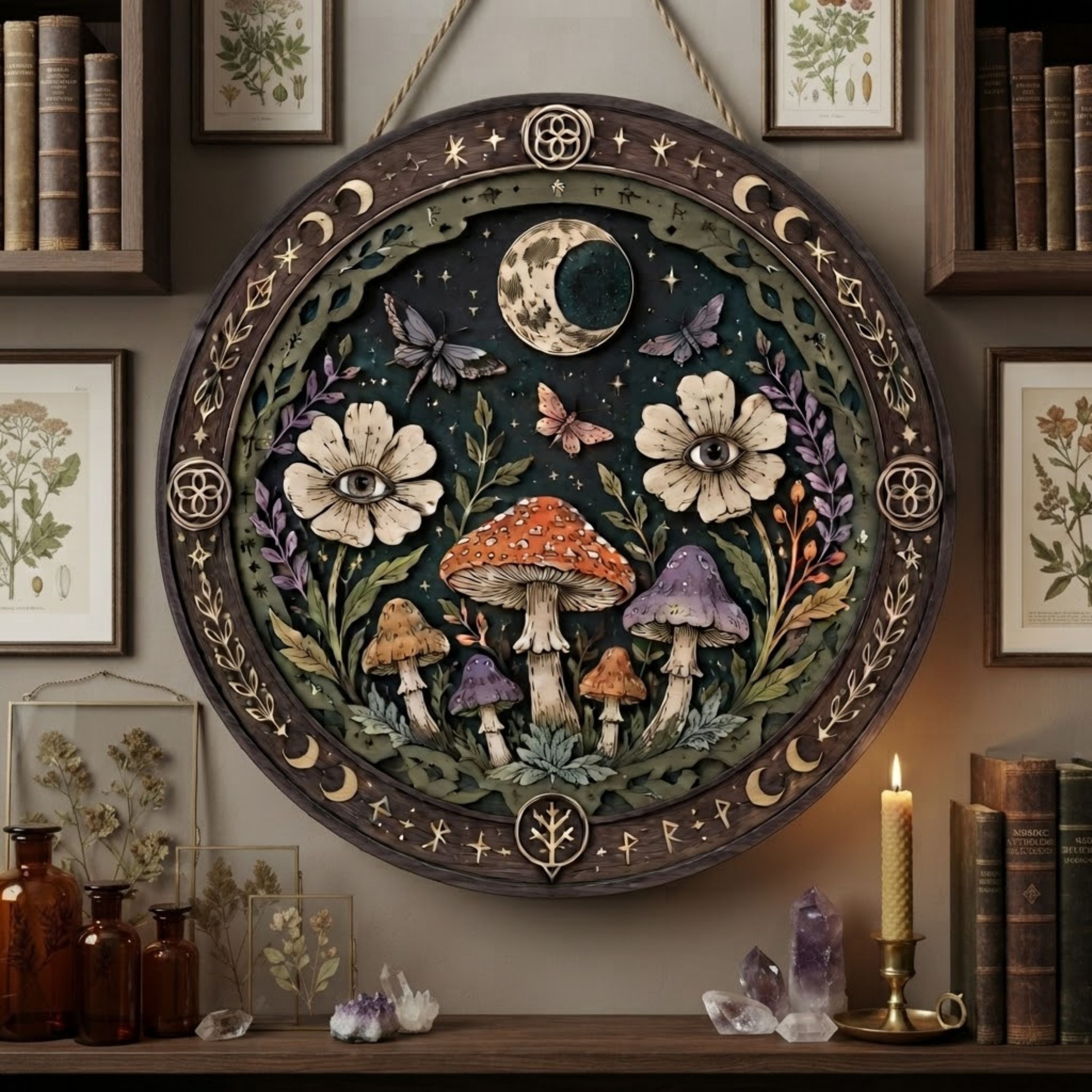 All Seeing Eye Mushroom Wooden Sign - Mystical Botanical Wall Decor with Moon, Moths & Wildflowers