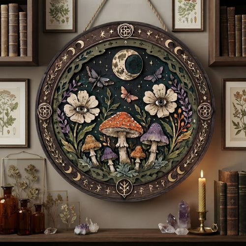 All Seeing Eye Mushroom Wooden Sign - Mystical Botanical Wall Decor with Moon, Moths & Wildflowers