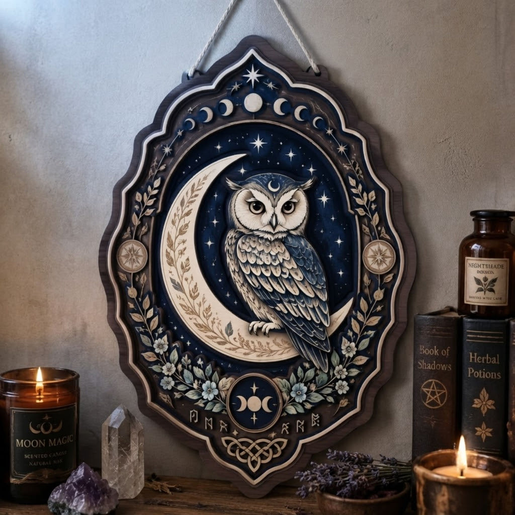 Celestial Owl Wooden Sign - Mystical Moon Wall Decor with Stars, Botanicals & Lunar Phases
