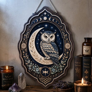 Celestial Owl Wooden Sign - Mystical Moon Wall Decor with Stars, Botanicals & Lunar Phases