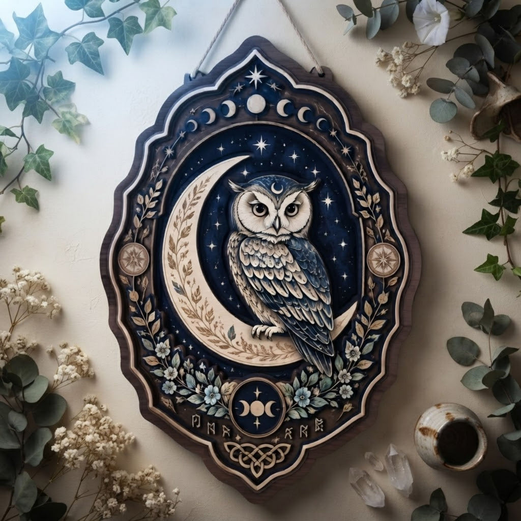 Celestial Owl Wooden Sign - Mystical Moon Wall Decor with Stars, Botanicals & Lunar Phases
