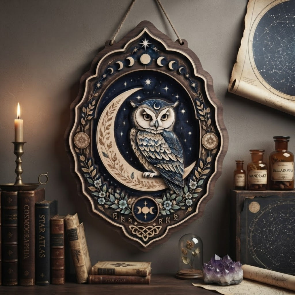 Celestial Owl Wooden Sign - Mystical Moon Wall Decor with Stars, Botanicals & Lunar Phases