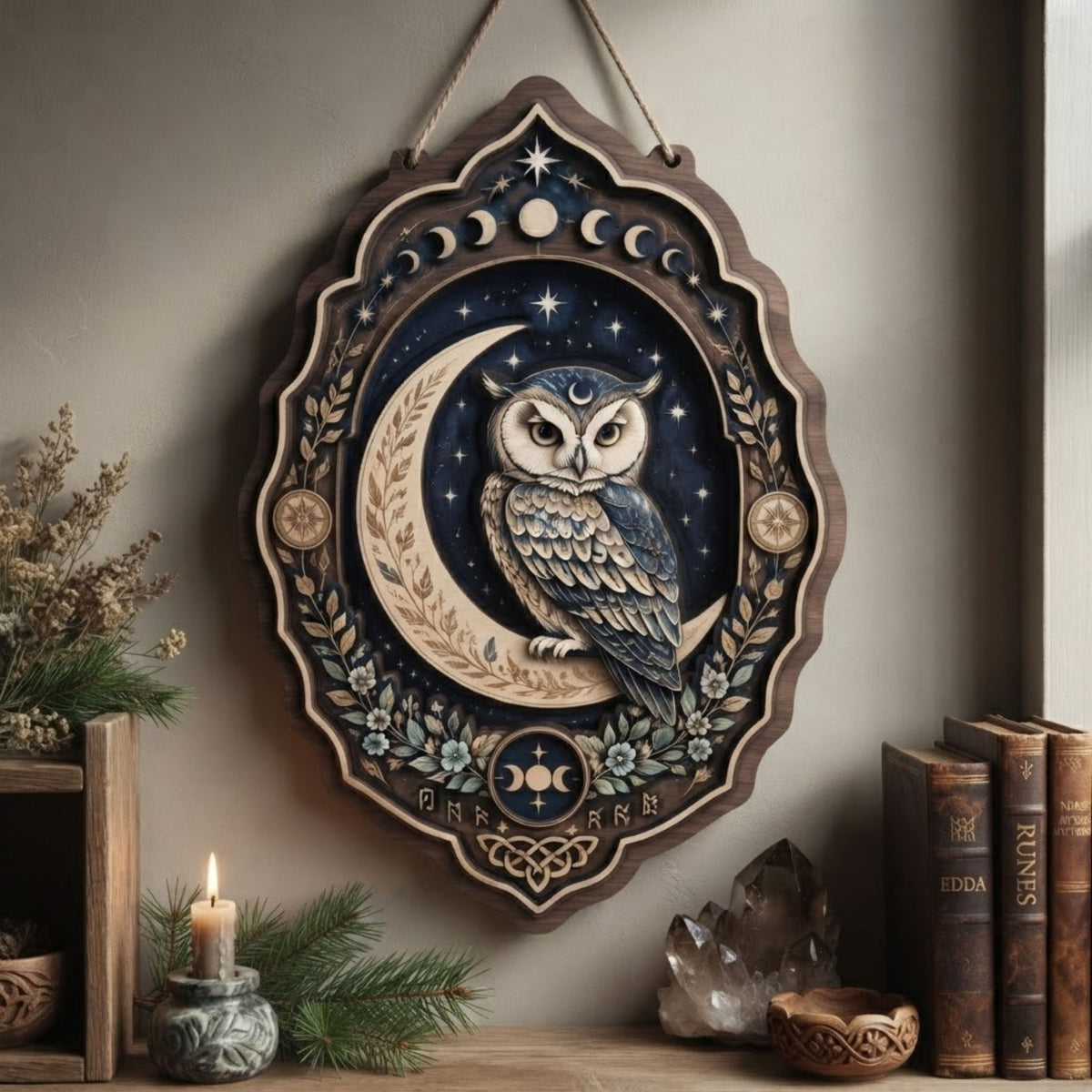 Celestial Owl Wooden Sign - Mystical Moon Wall Decor with Stars, Botanicals & Lunar Phases