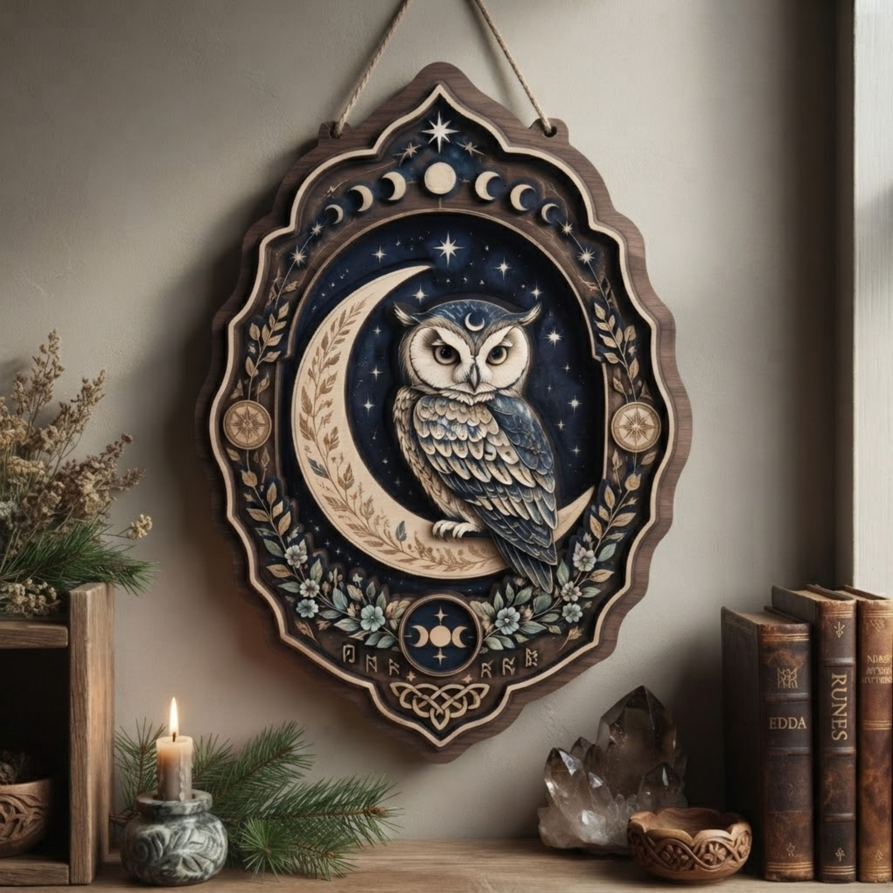 Celestial Owl Wooden Sign - Mystical Moon Wall Decor with Stars, Botanicals & Lunar Phases